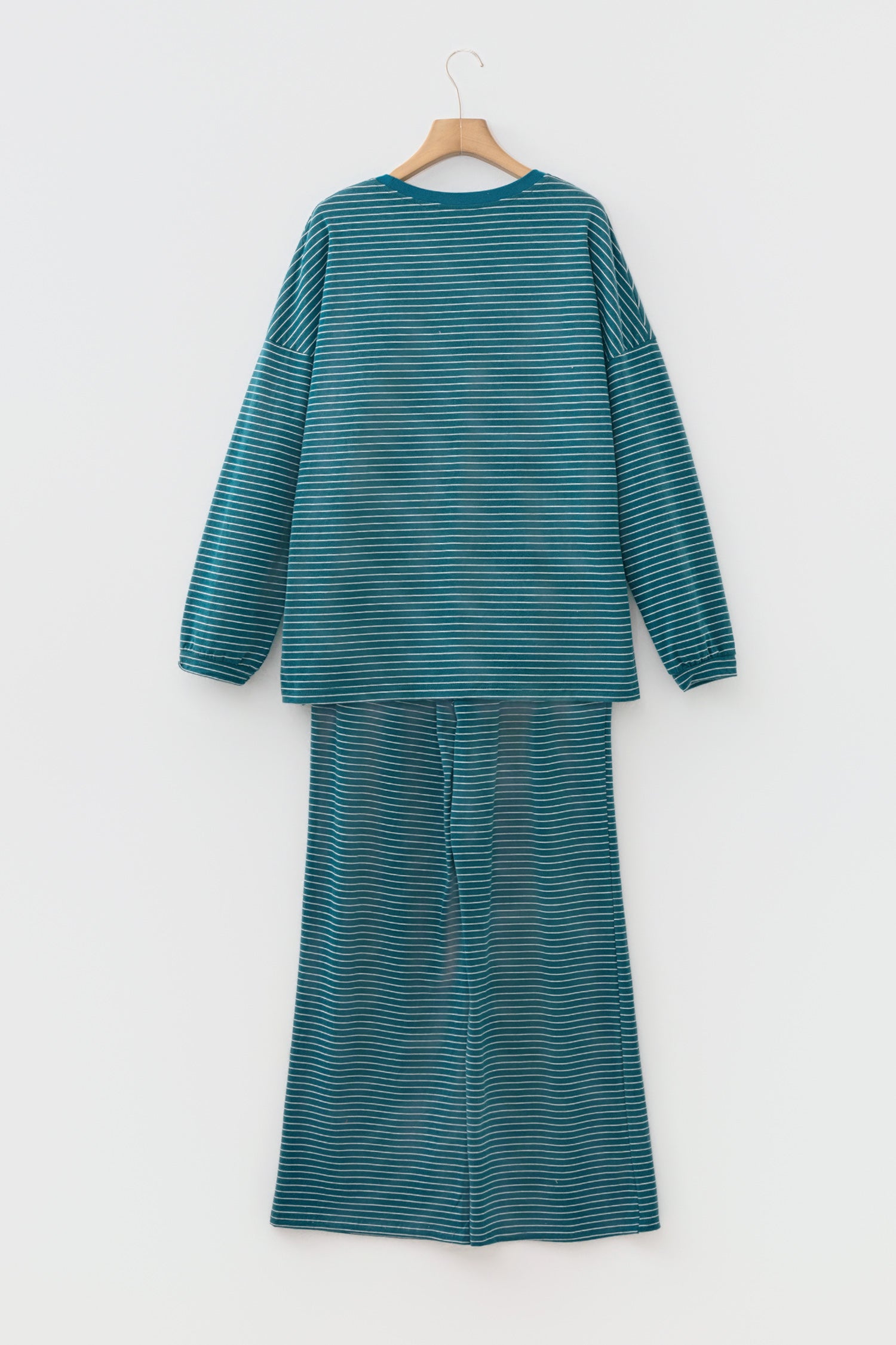 Green Stripe Dropped Shoulder Long Sleeve Top Elastic Waist Pants Casual 2pcs Set