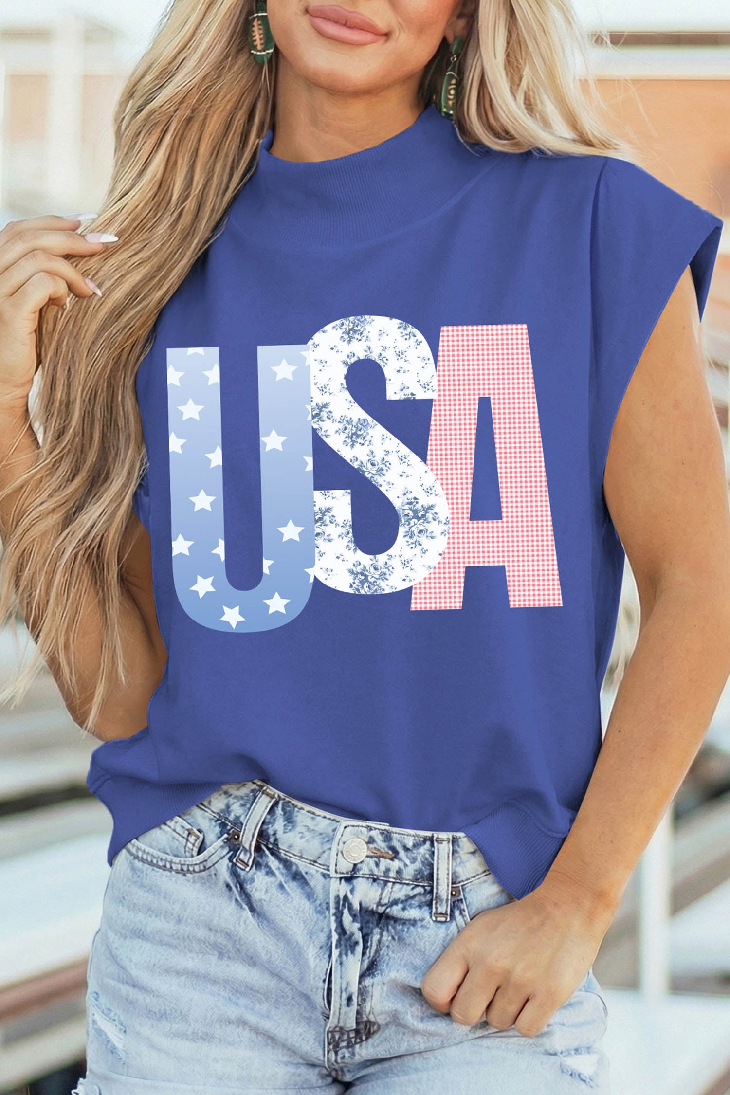 Sky Blue Mixed Pattern USA Letter Print Mock Neck Short Sleeve Top