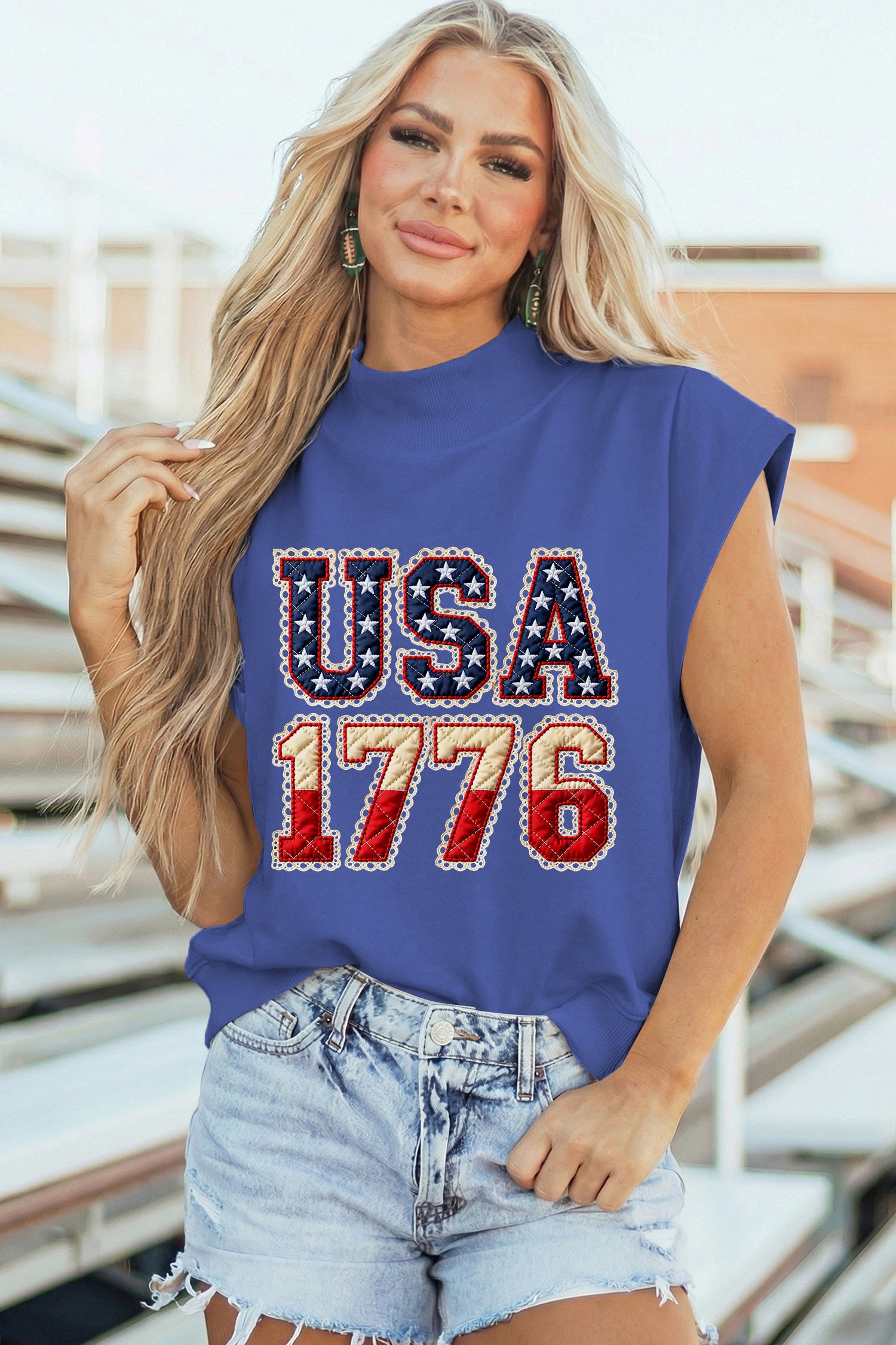 Sky Blue Patriotic USA 1776 Graphic Muscle Tee with Vintage Flag Print