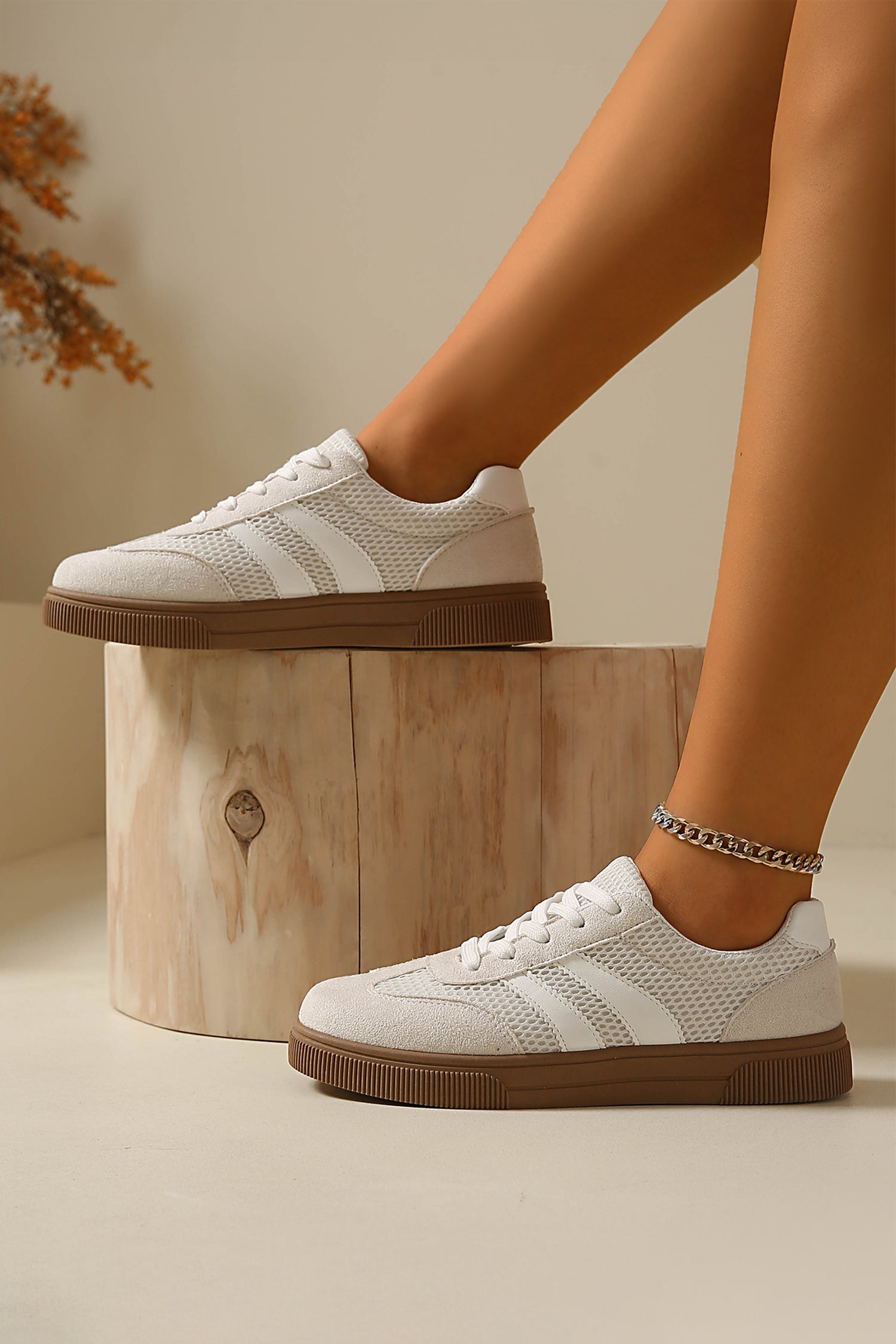 White Breathable Mesh Patchwork Lace Up Flat Shoes