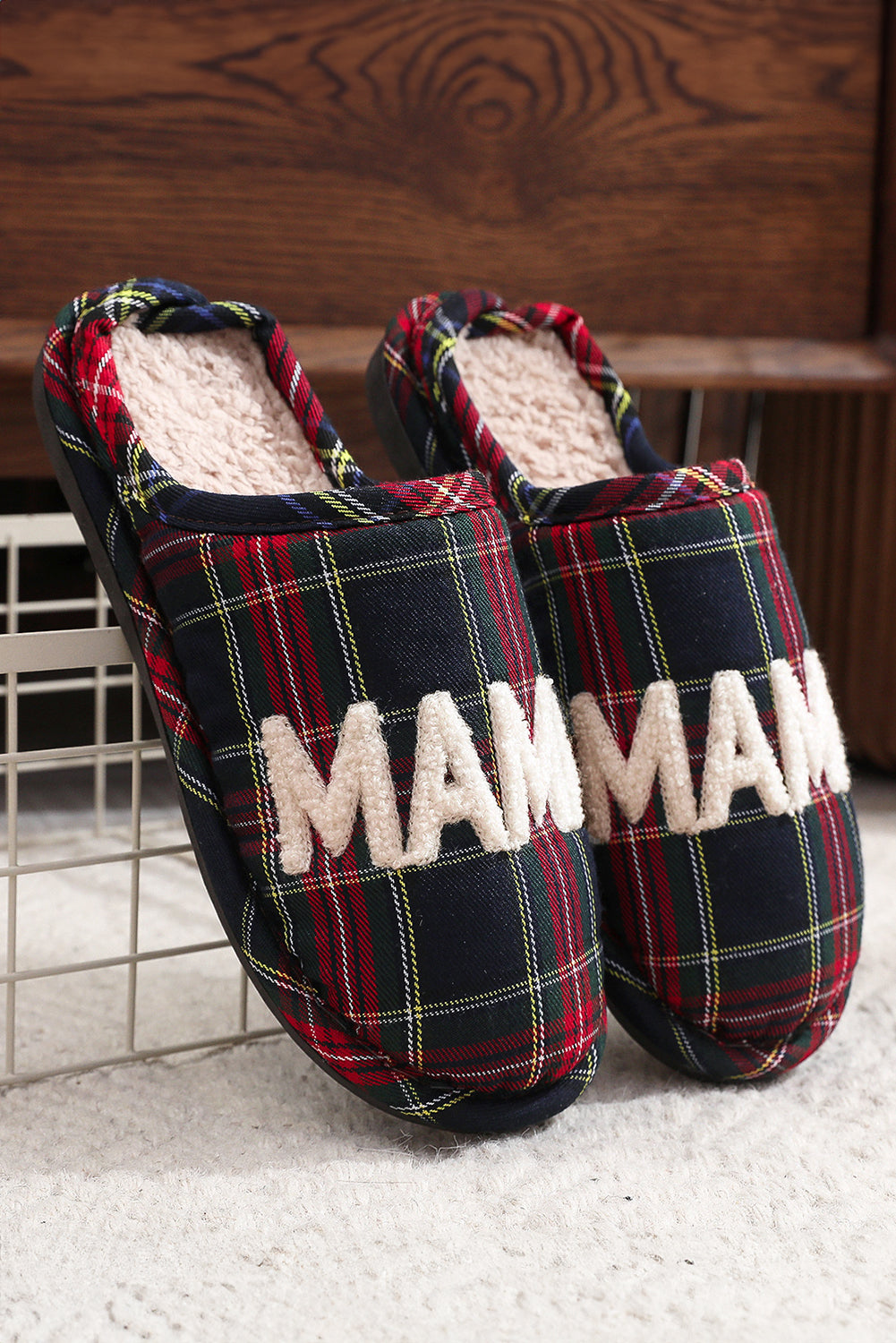 Duffel Green Retro Plaid MAMA Plush Liner Winter House Slippers