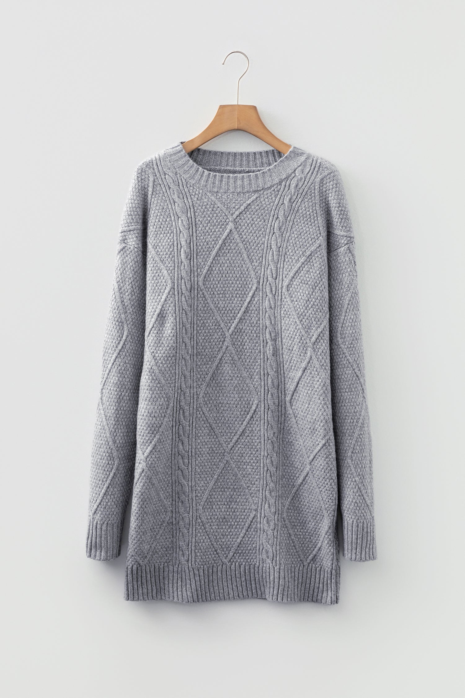 Gray Cable Knit Drop Shoulder Loose Fit Sweater Dress
