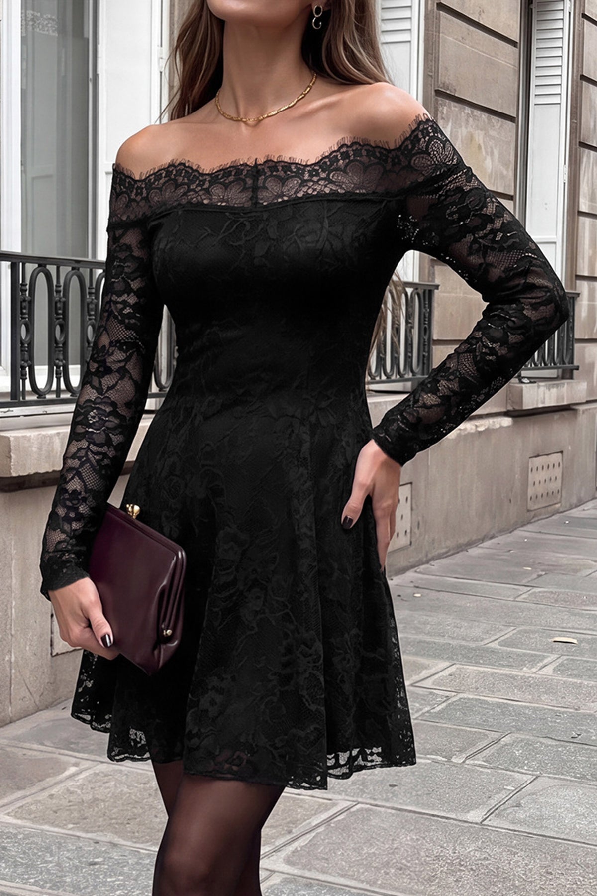 Black Off Shoulder Floral Lace Long Sleeve Fit Flare Mini Dress