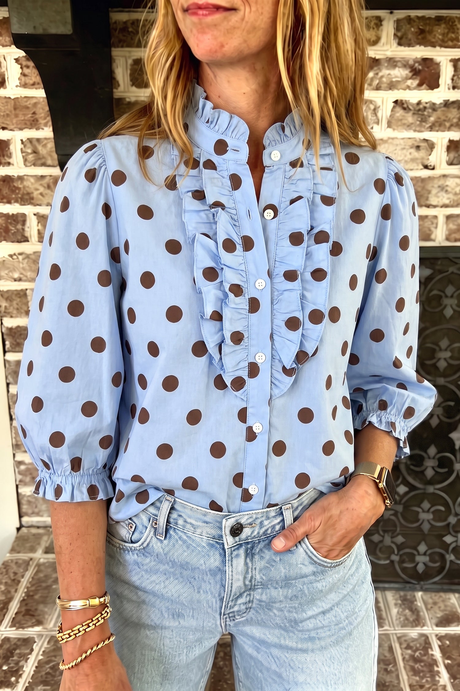 Sky Blue Polka Dot Print Ruffle Stand Neck 3/4 Sleeve Shift Shirt