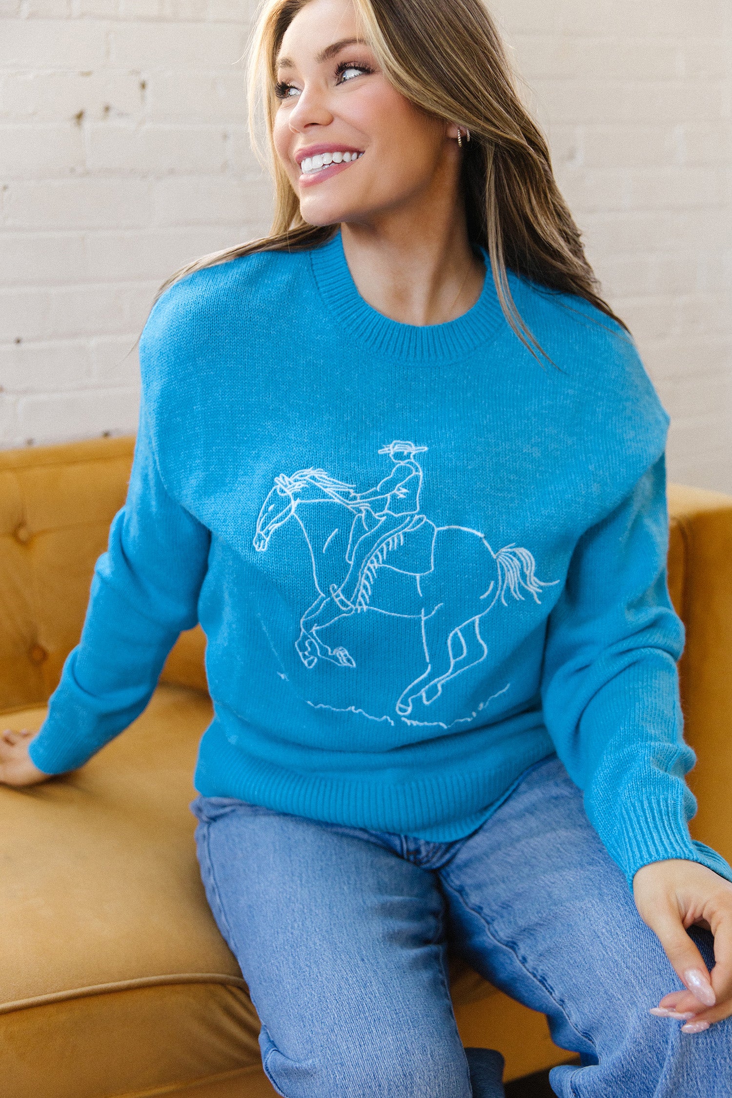 Sky Blue Western Embroidery Drop Shoulder Pullover Sweater