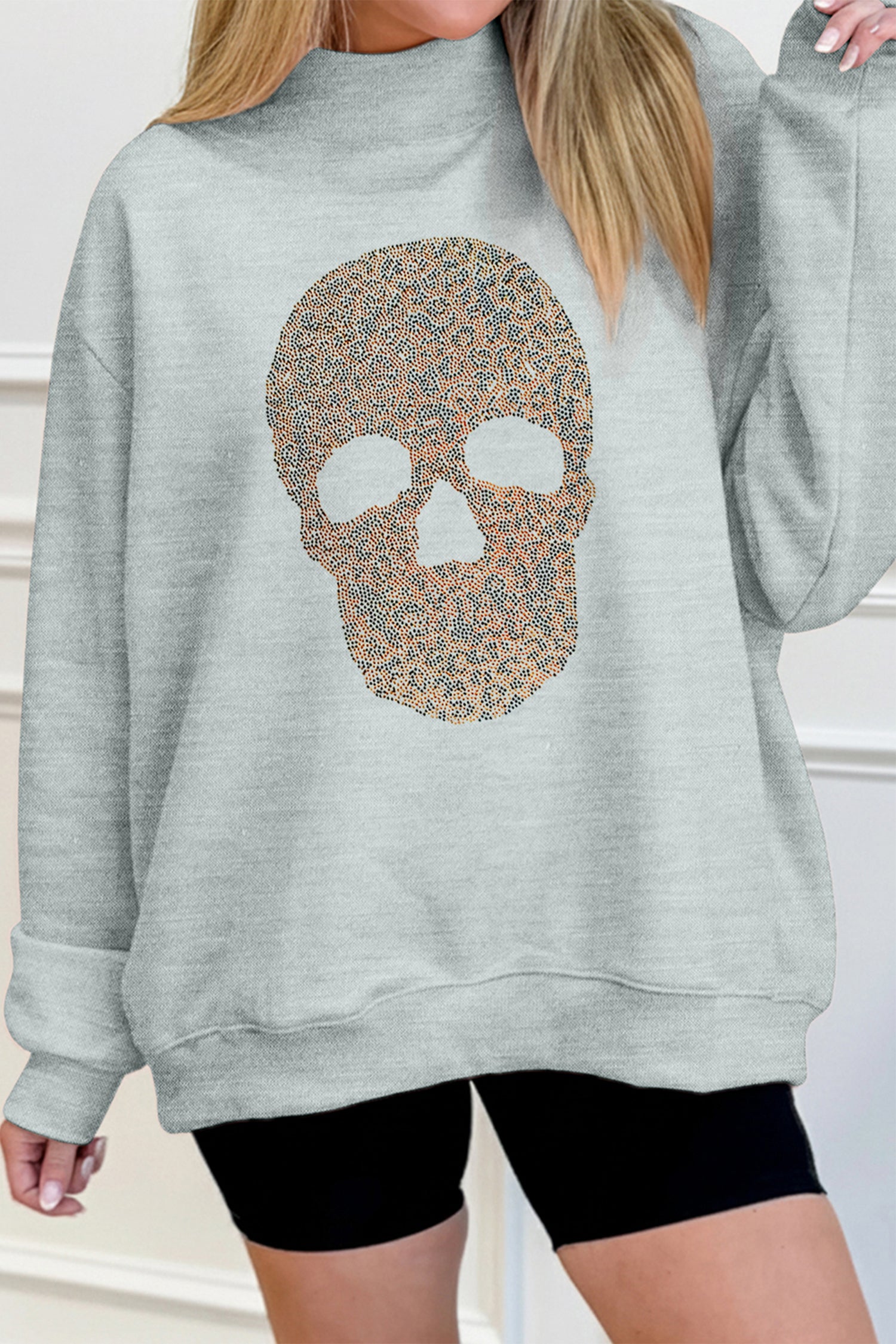 Gray Halloween Rhinestone Skull Graphic Mock Neck Baggy Pullover Sweatshirt