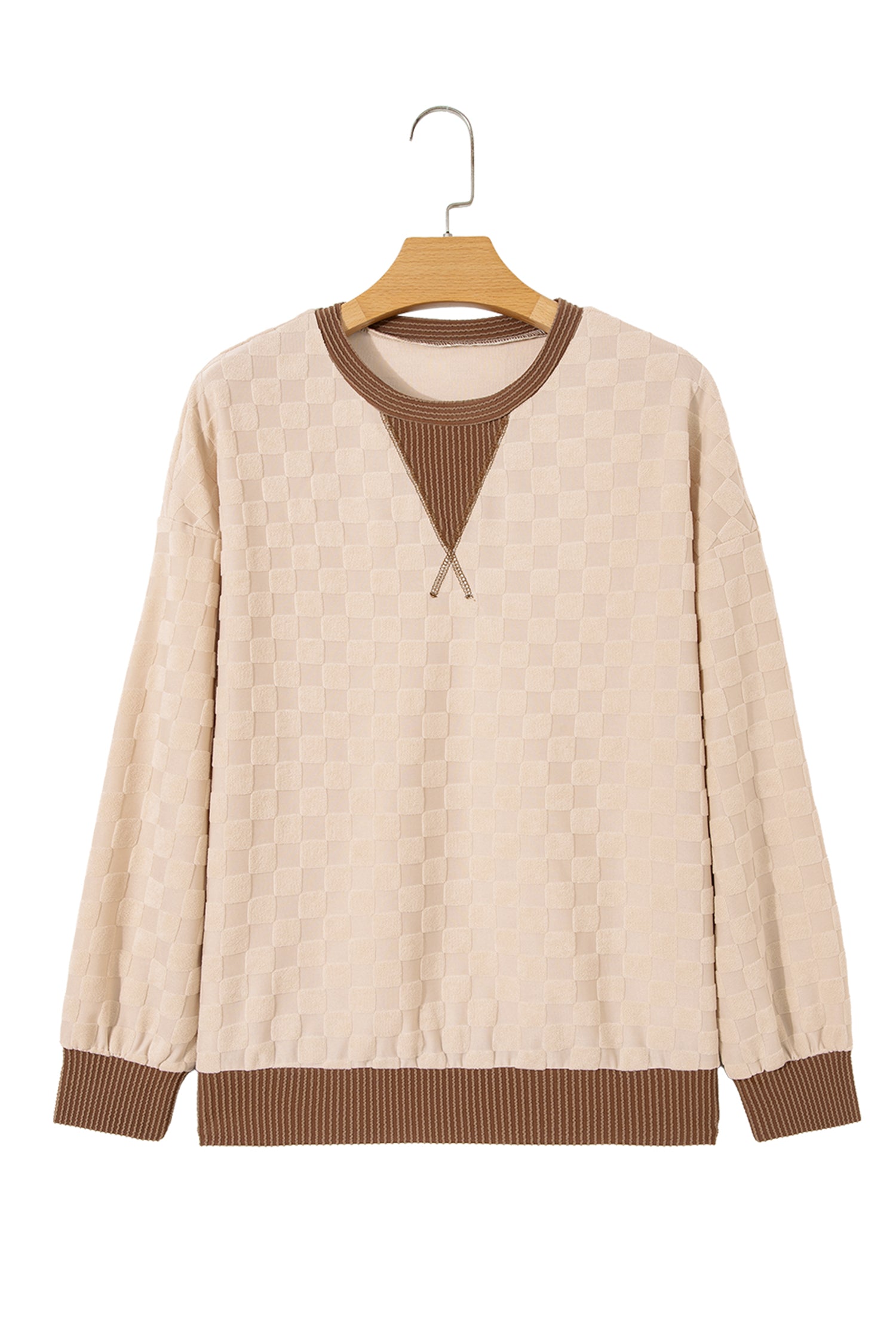 Parchment Plush Checkered Contrast Twisted Rib Long Sleeve Top