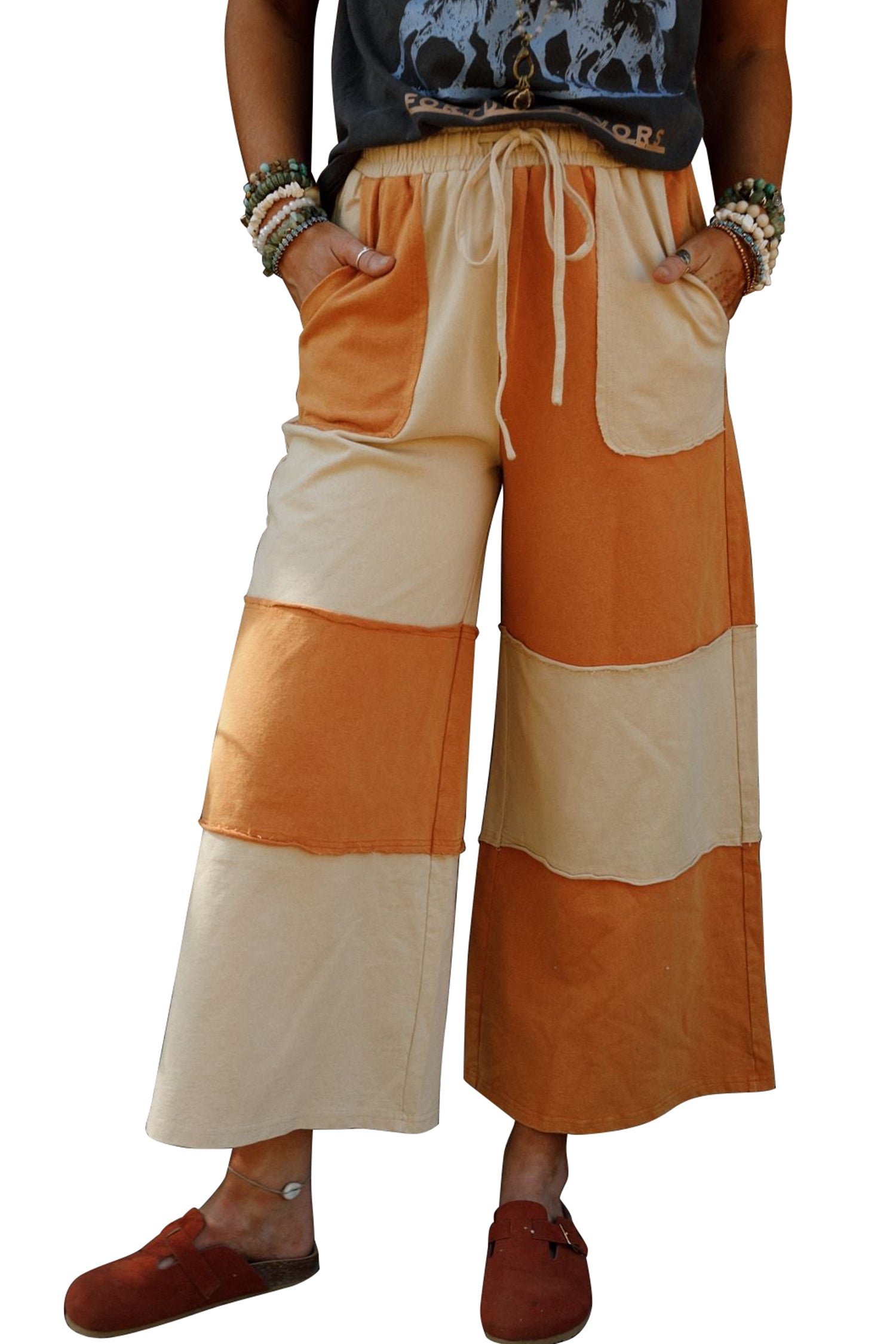 Russet Orange Raw Seam Colorblock Wide Leg Ankle Length Casual Pants