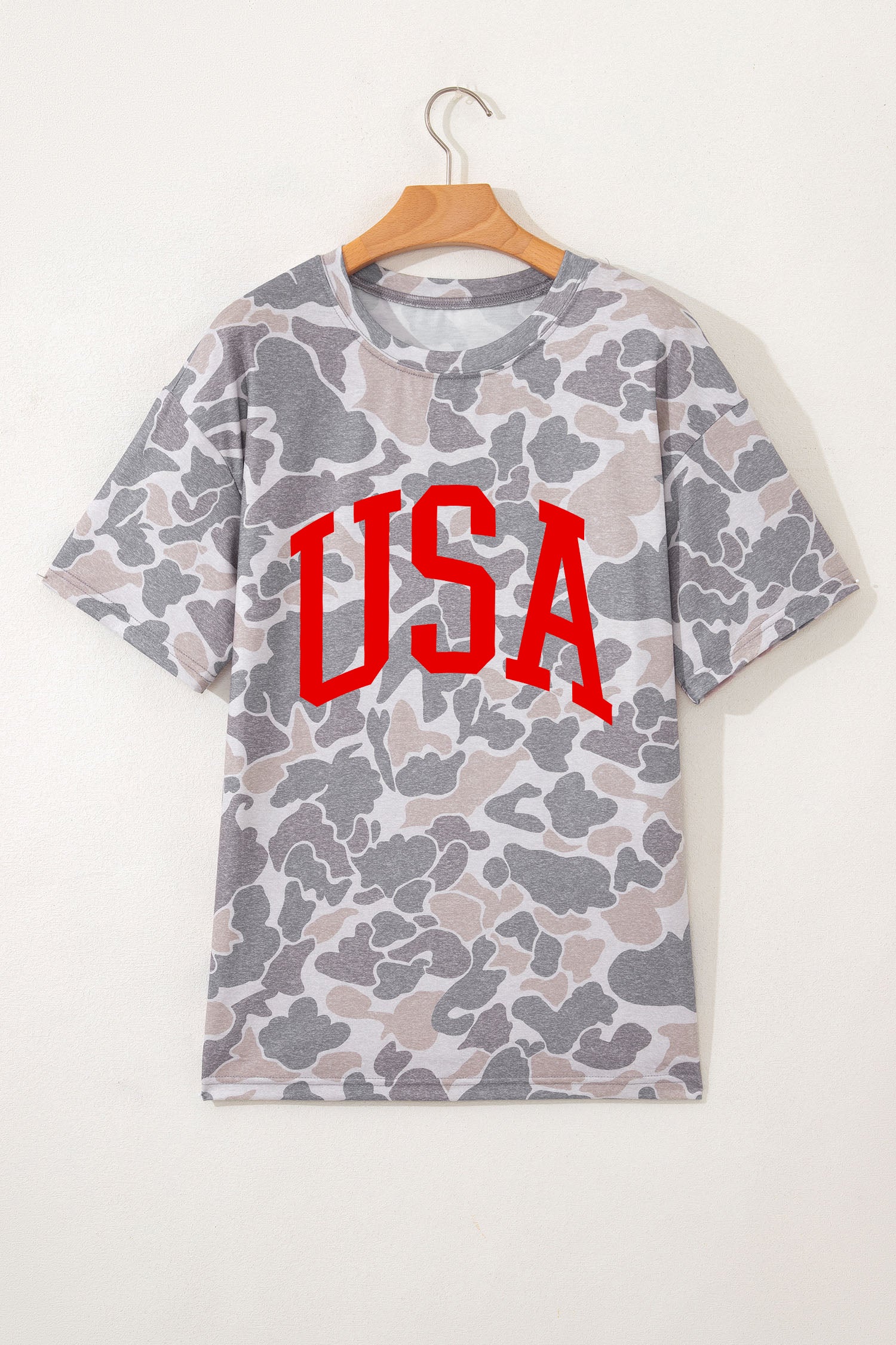 Multicolour Camouflage USA Letter Print Round Neck Shift T Shirt