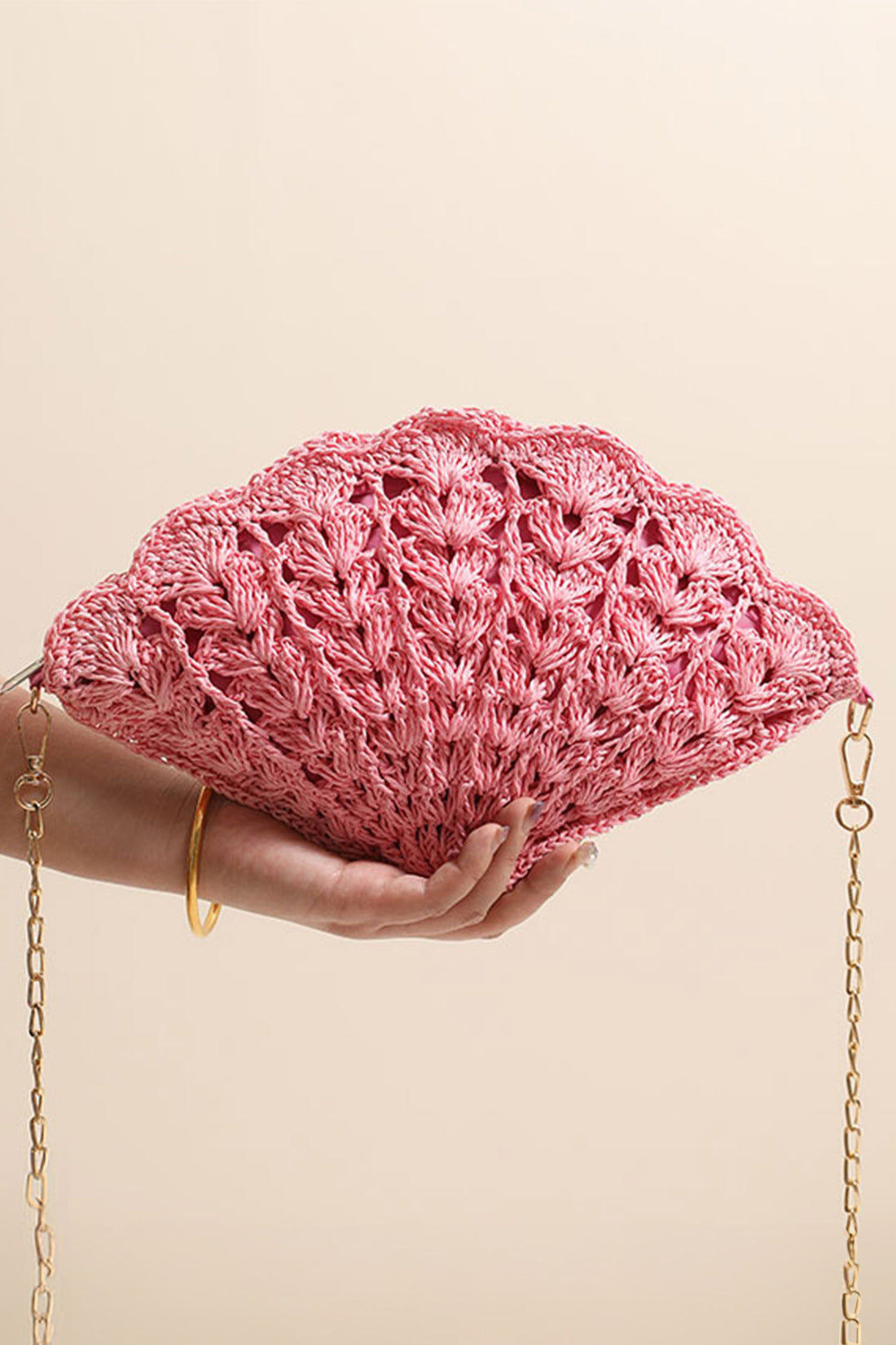 Pink Crochet Straw Beach Vacation Shell Shape Chain Strap Bag