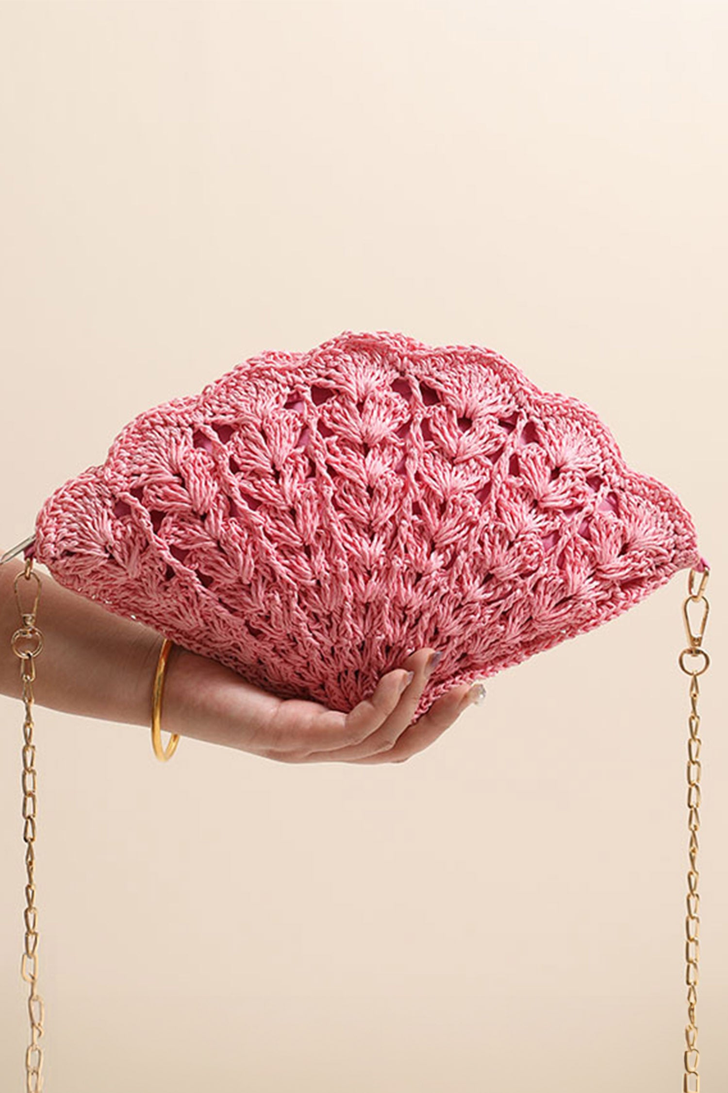 Pink Crochet Straw Beach Vacation Shell Shape Chain Strap Bag