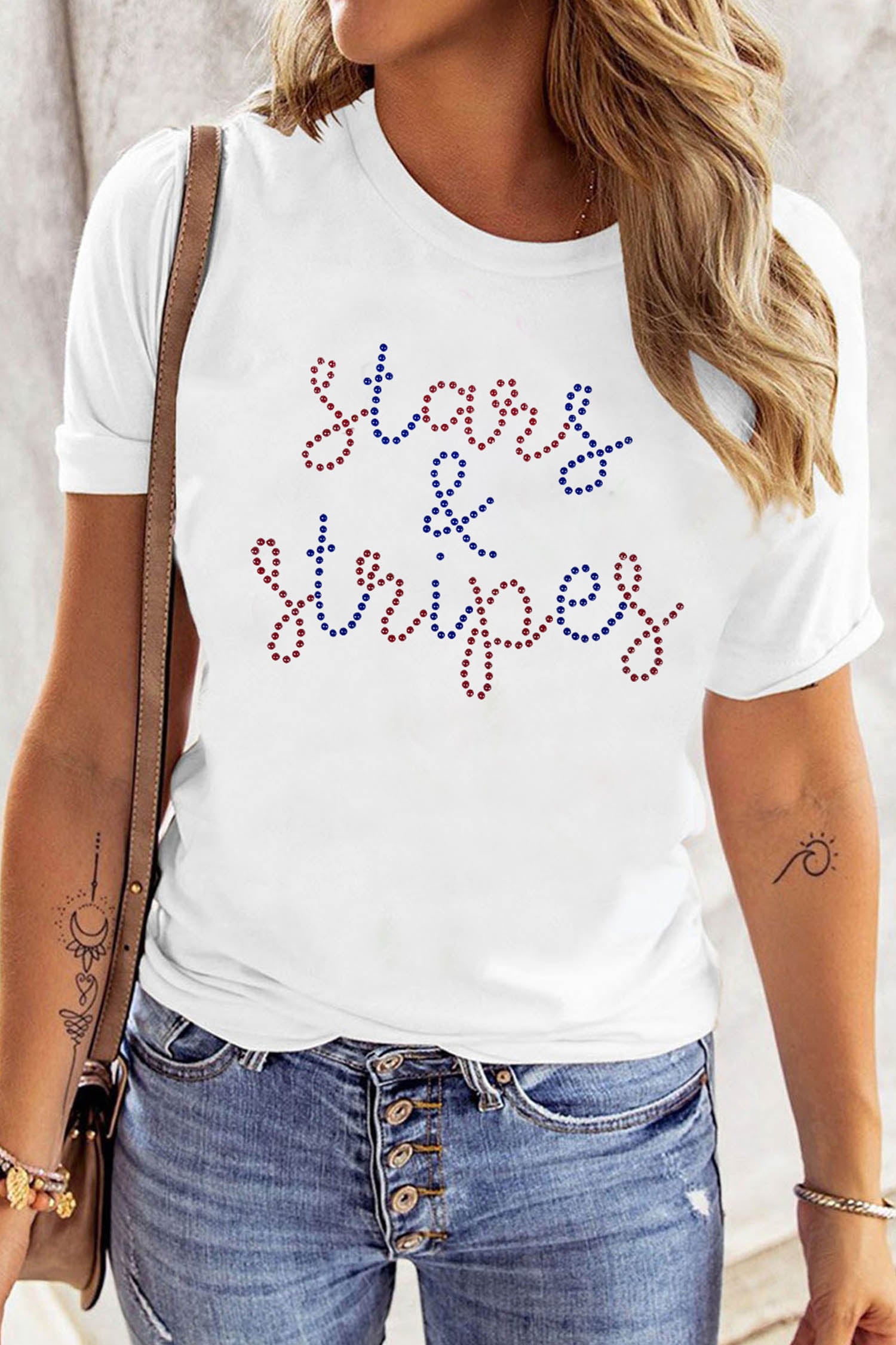 White Rhinestone Stars & Stripes Patriotic Slogan T Shirt