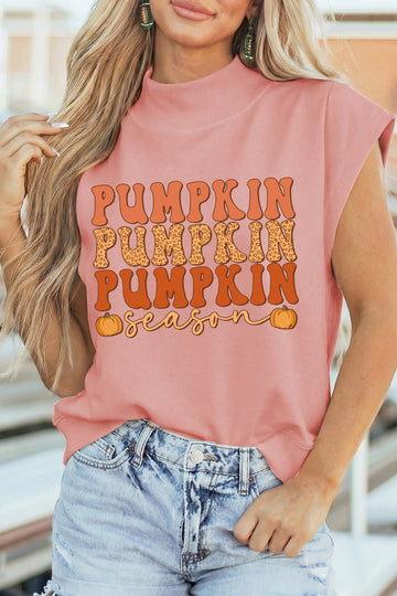 Pink Pumpkin Season Print Graphic Mock Neck T Shirt