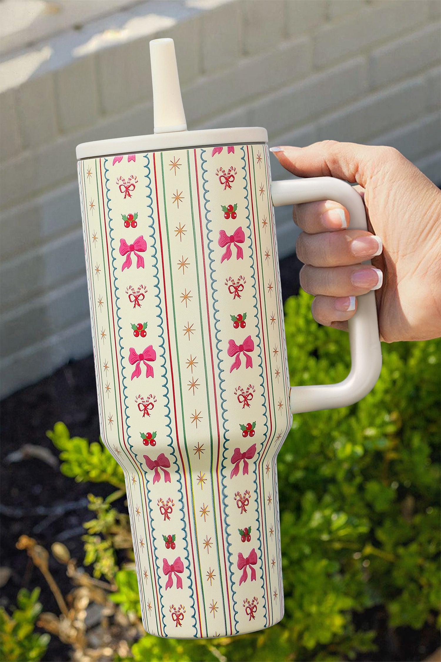 White Holly Jolly Bow Striped Print Flip Straw Tumbler