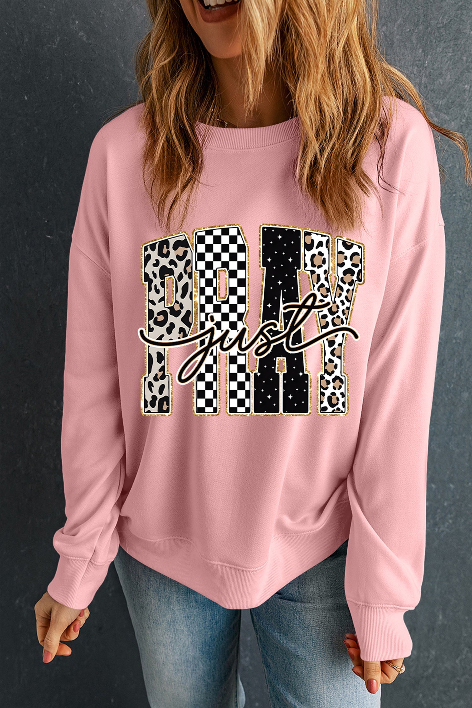 Pink Just PRAY Unique Letter Graphic Round Neck Pullover Sweatshirt