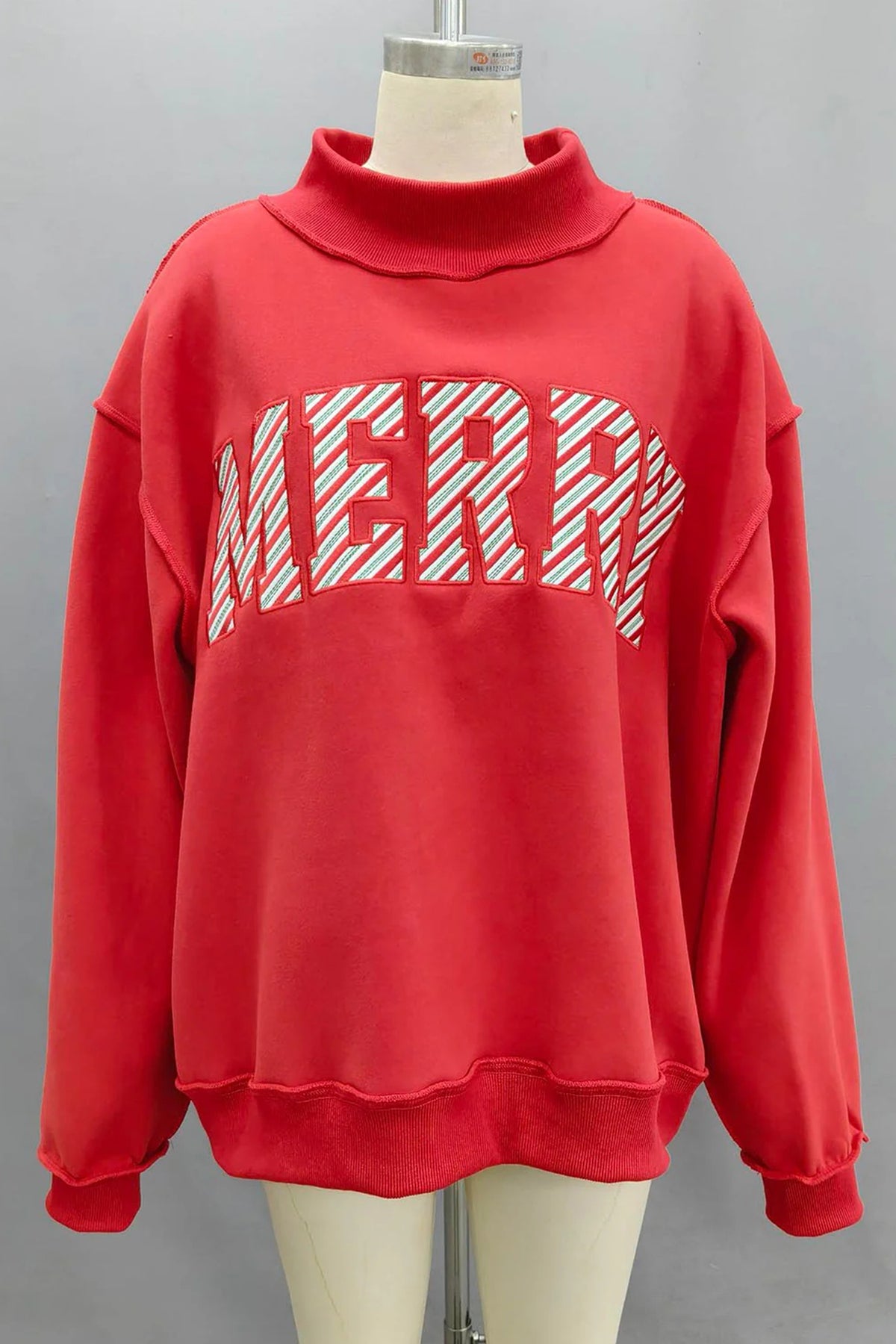 Fiery Red Embroidered Merry Slogan Stand Neck Long Sleeve Shift Sweatshirt