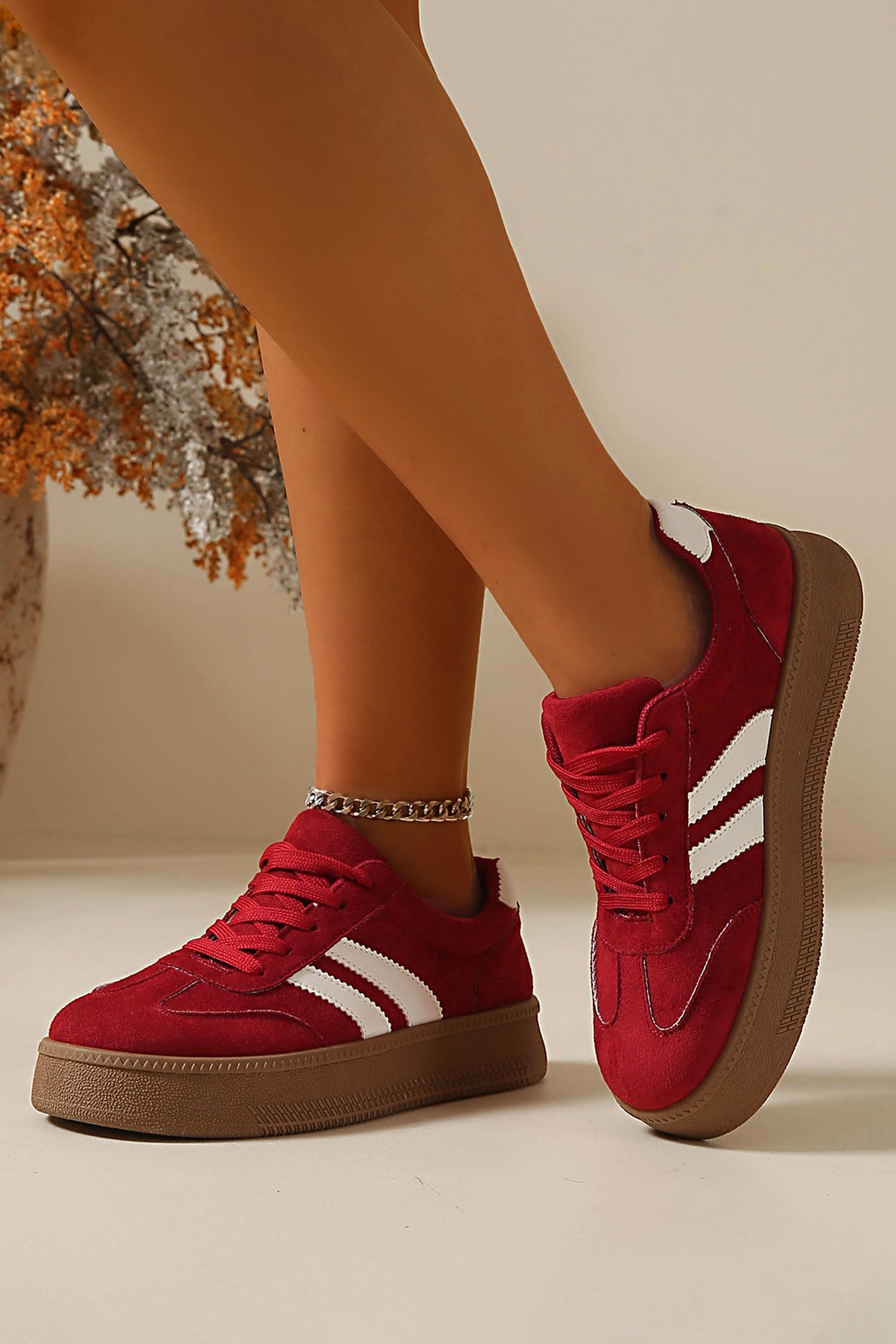 Fiery Red Contrast PU Leather Detail Lace Up Casual Shoes