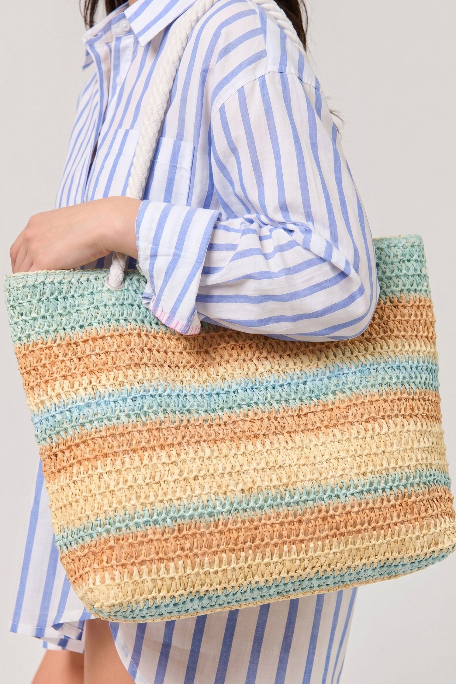 White Striped Color Block Woven Straw Tote Bag
