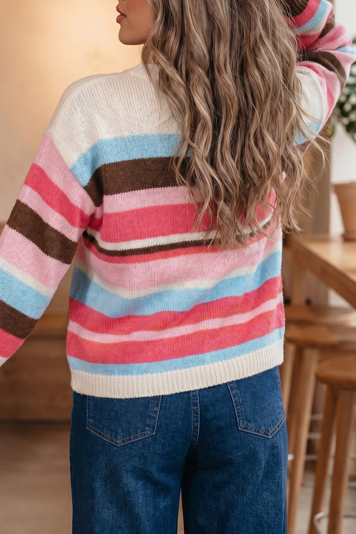 Pink Stripe Striped Colorblock Drop Shoulder Cardigan