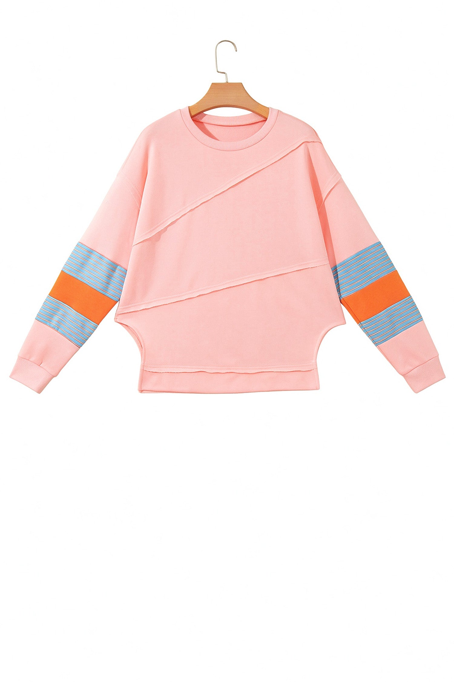 Pink Colorblock Striped Patchwork Raw Detail Long Sleeve Top