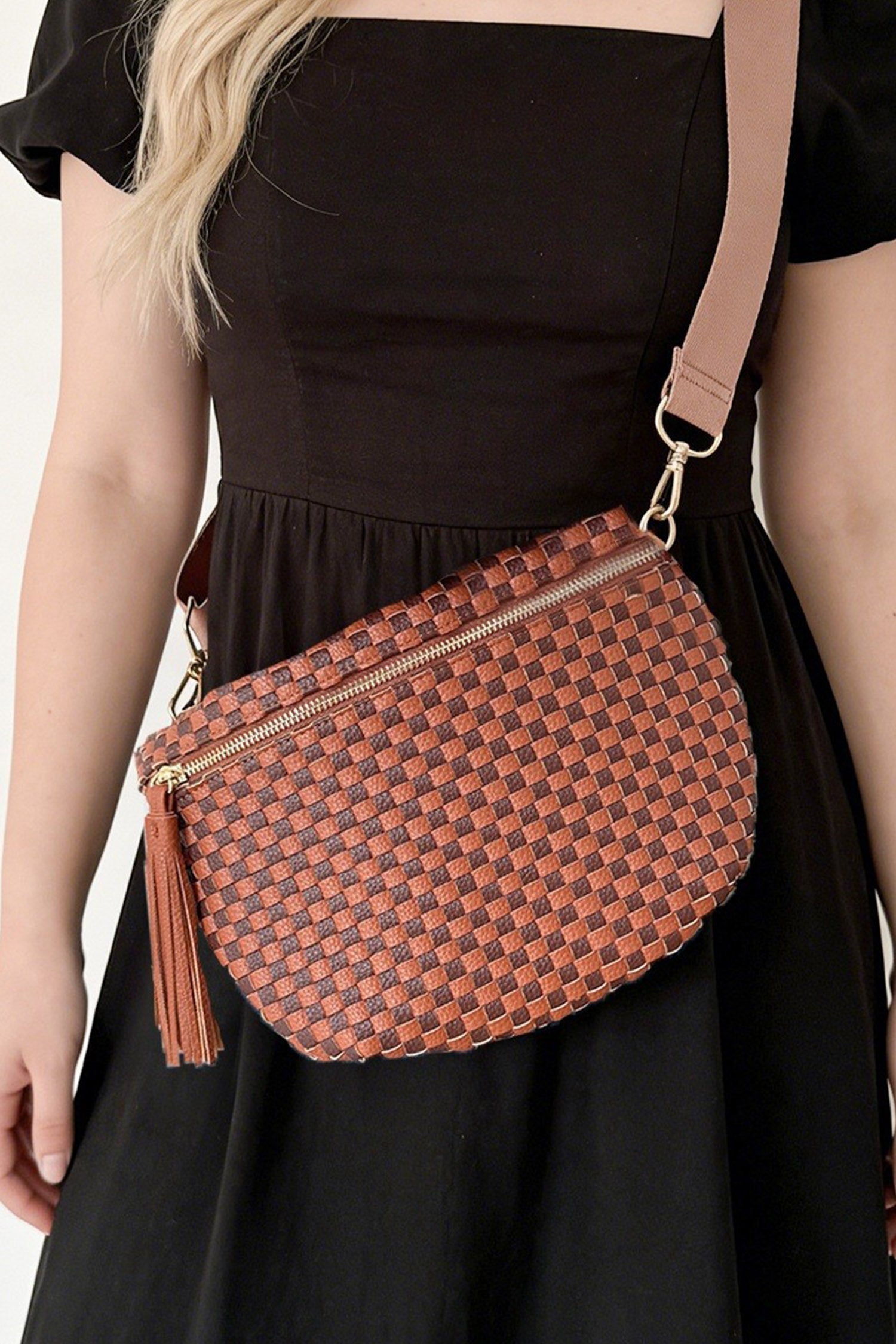 Clay Checkered Woven PU Leather Crossbody Bag Adjustable Strap Large Size