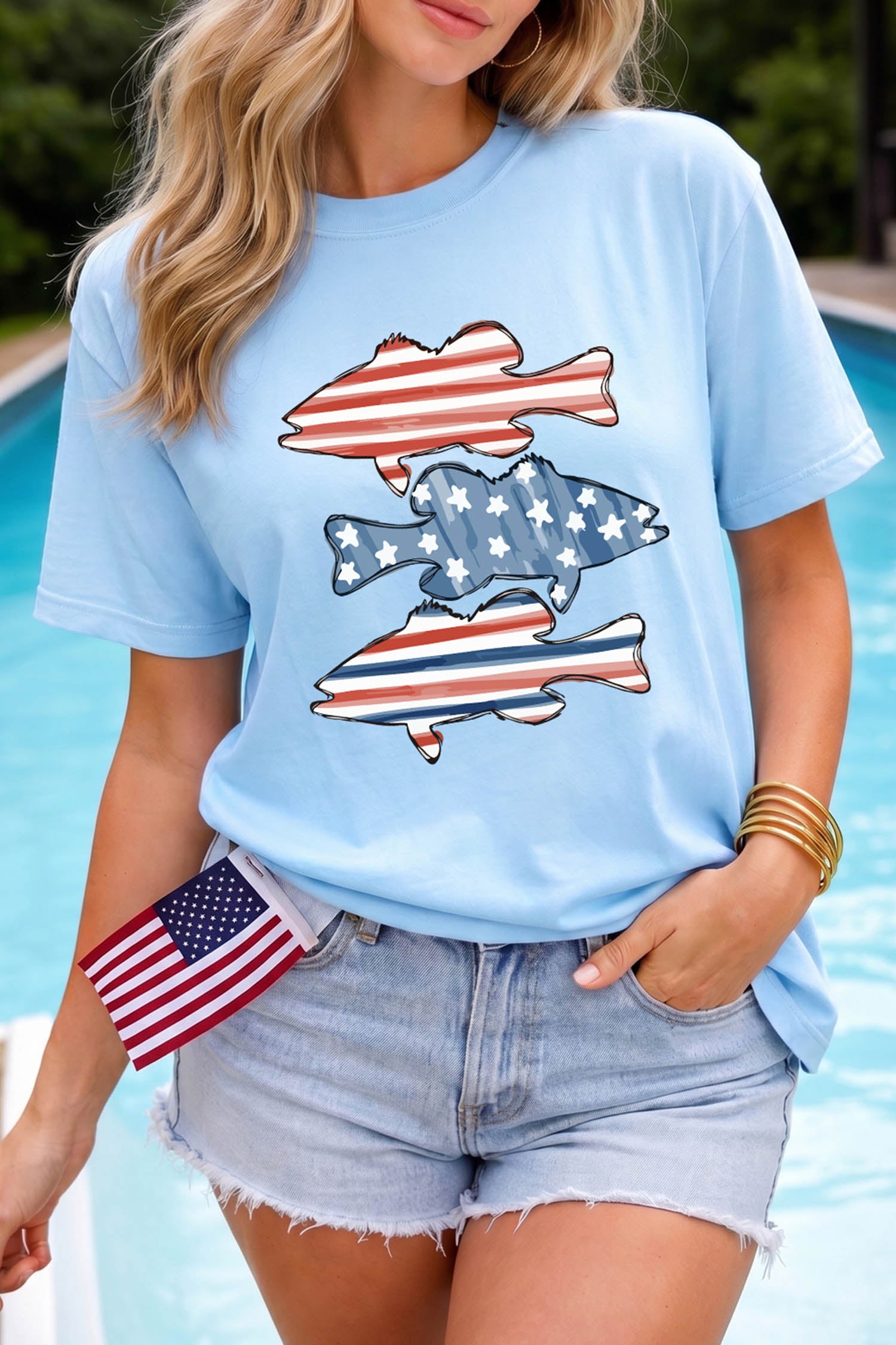 Light Blue Patriotic Fish Print Relaxed Graphic T Shirt