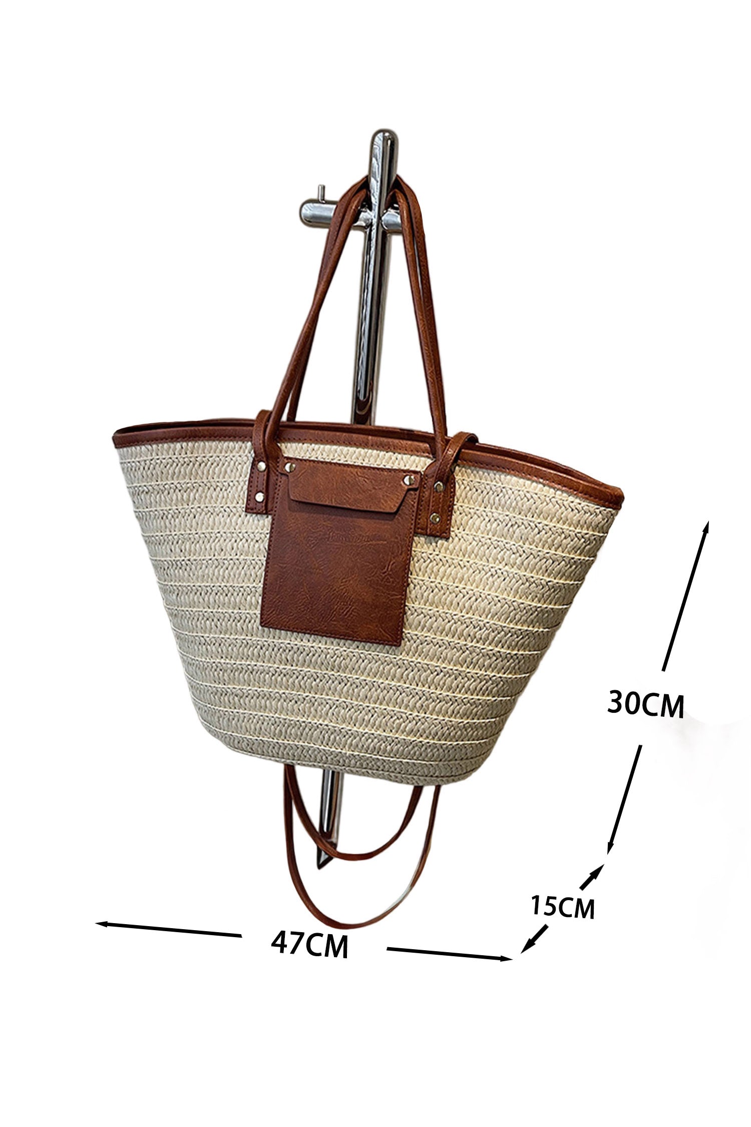 White Boho Straw Leather Accents Beach Travel Tote Bag