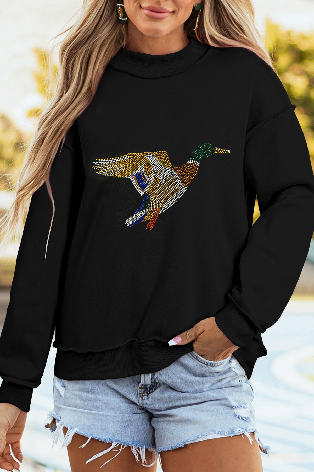 Black Rhinestone Flying Mallard Graphic Mock Neck Tunic Sweatshirt