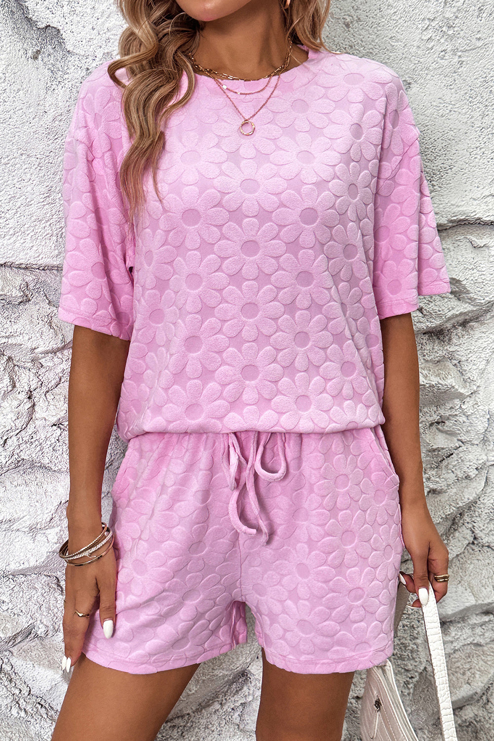 Pink Flower Embossed Texture Short 2pcs Outfit