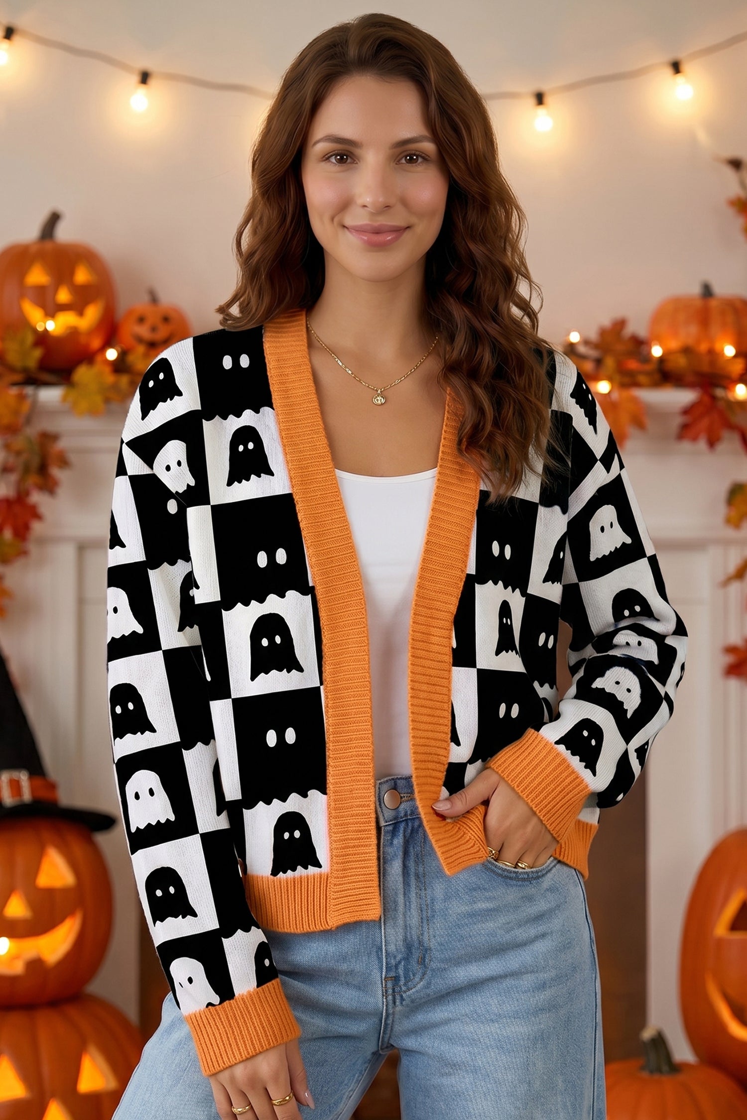 Black Geometric Ghost Print Drop Shoulder Knit Cardigan