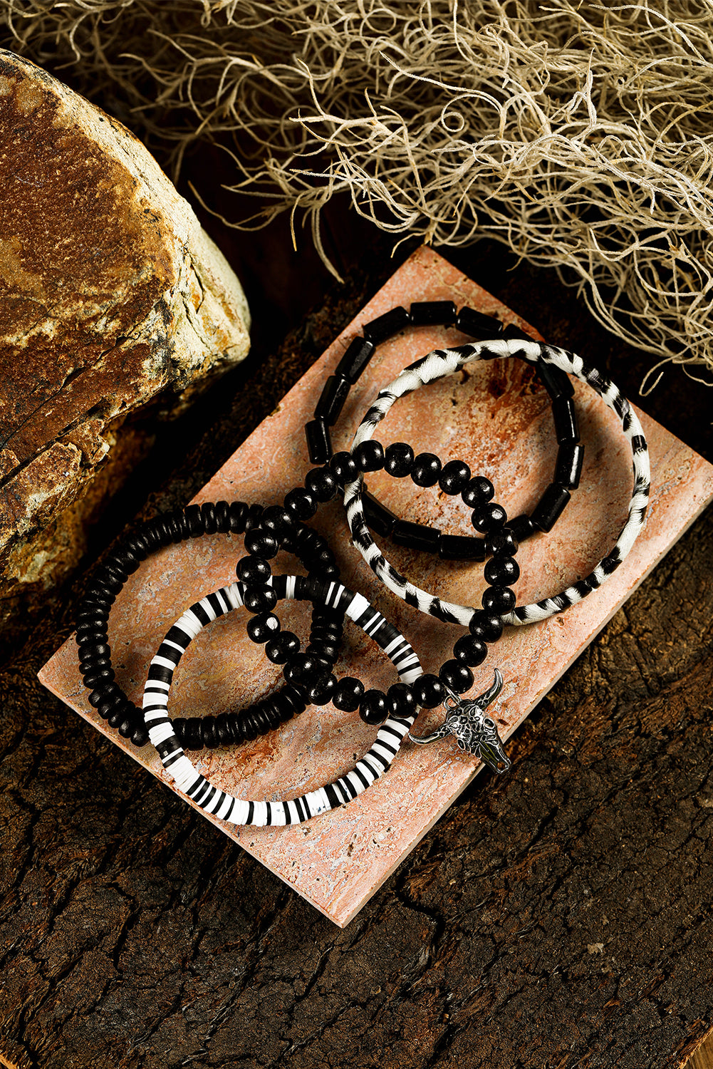 Color black Timber Beads Western Skull Head Charm 5pcs Bracelet Set