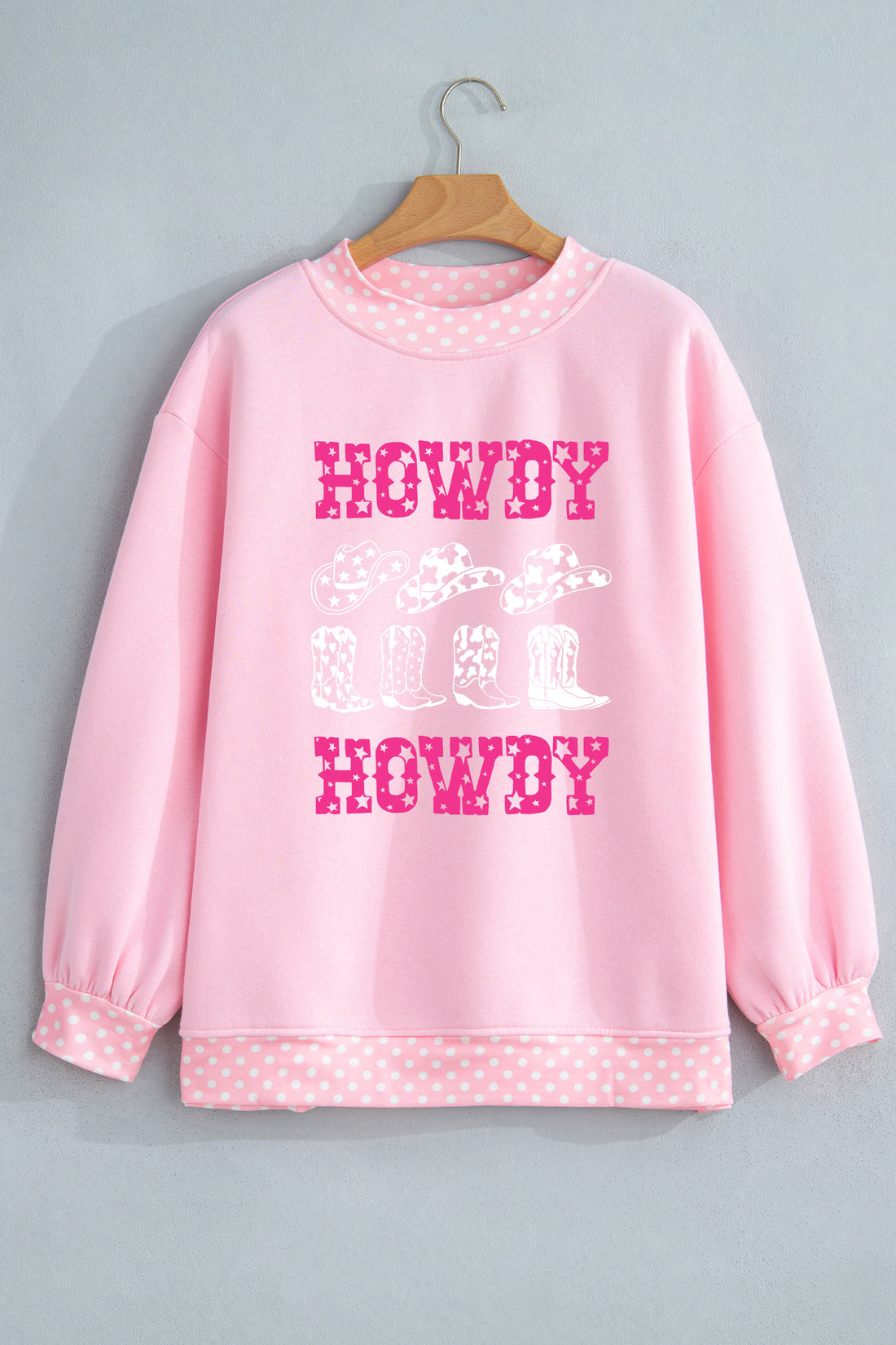 Pink Polka Dot Hem HOWDY Graphic Mock Neck Sweatshirt