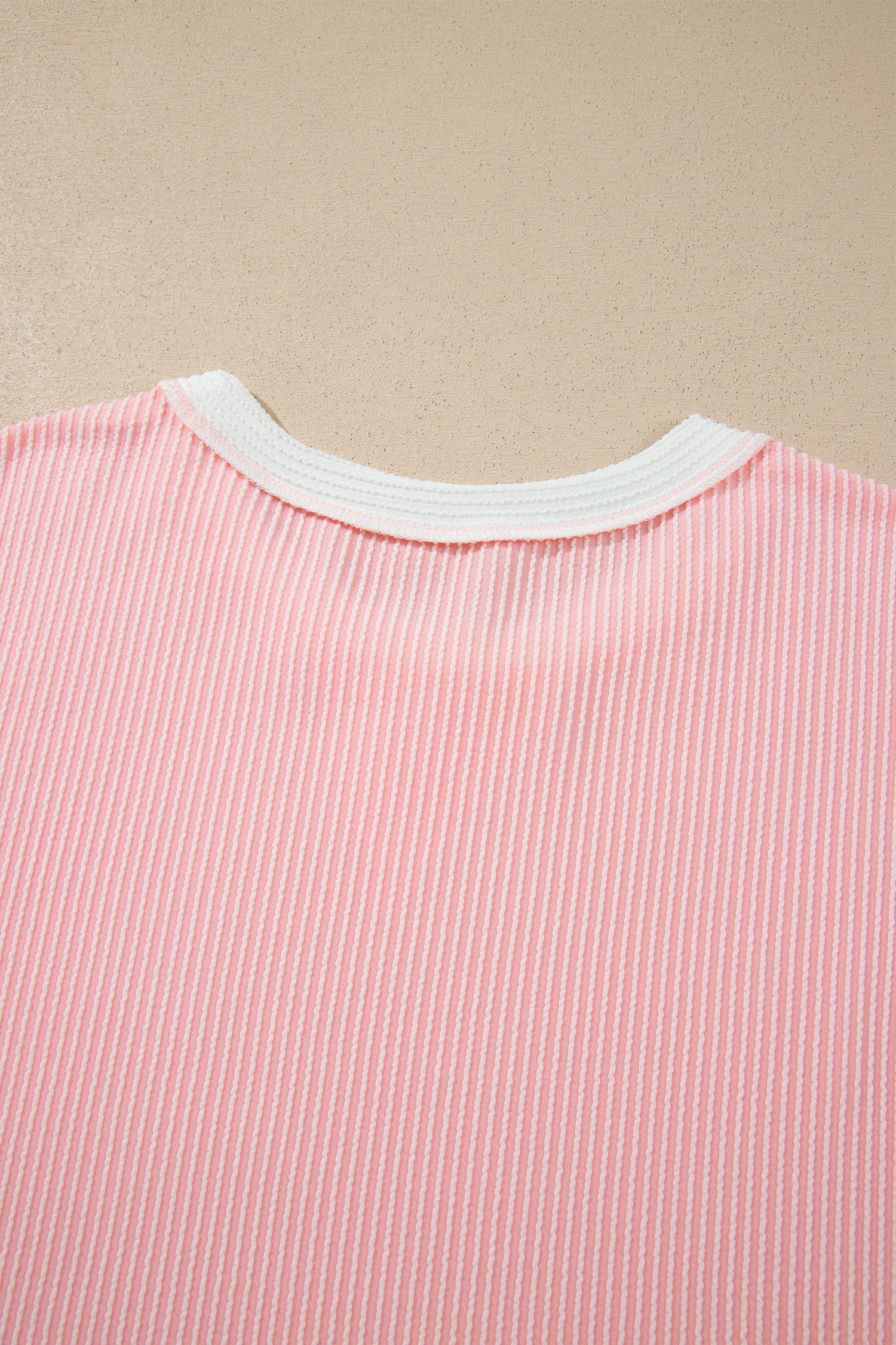 Pink Ribbed Knit Colorblock Long Sleeve Round Neck Plus Size Blouse