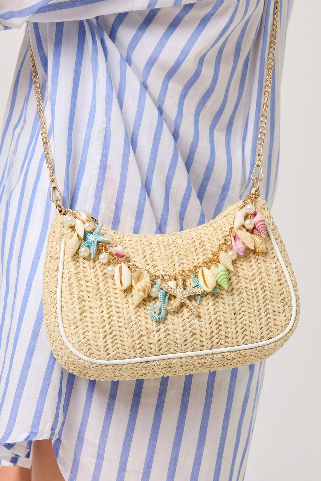 Khaki Boho Woven Shell Charm Detail Bag Metal Chain Bag