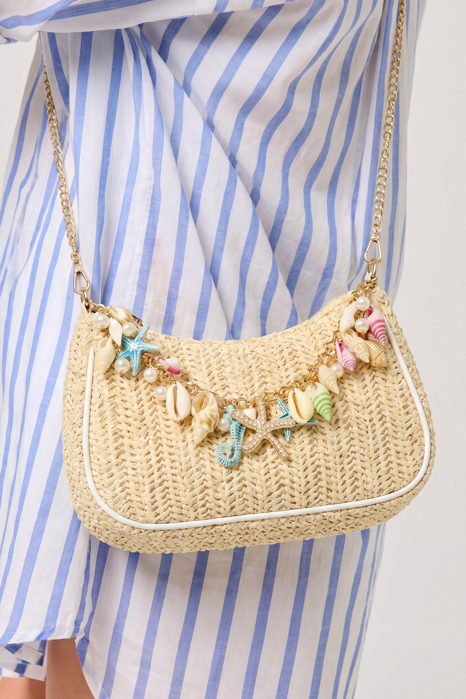Khaki Boho Woven Shell Charm Detail Bag Metal Chain Bag