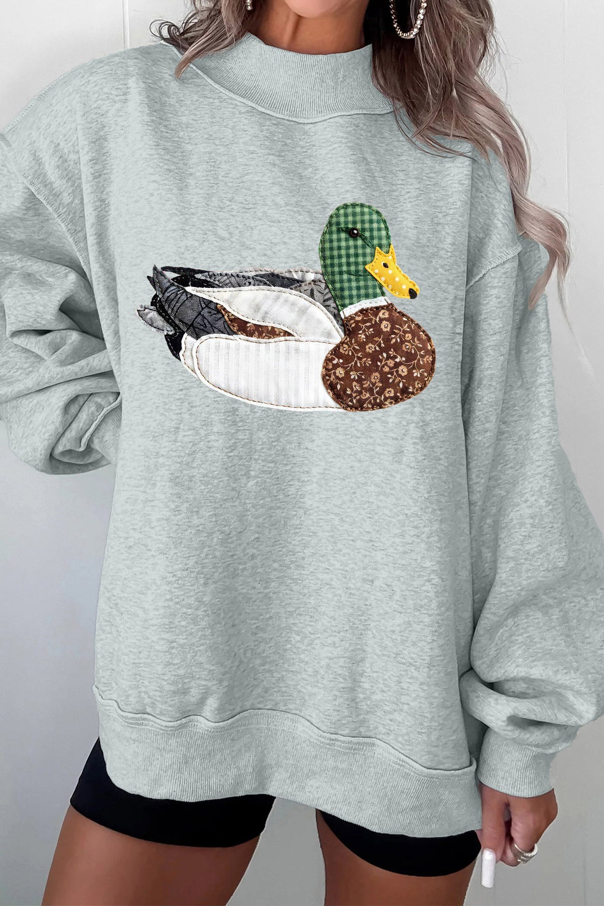 Gray Mallard Patchwork Mock Neck Pullover Sweatshirt