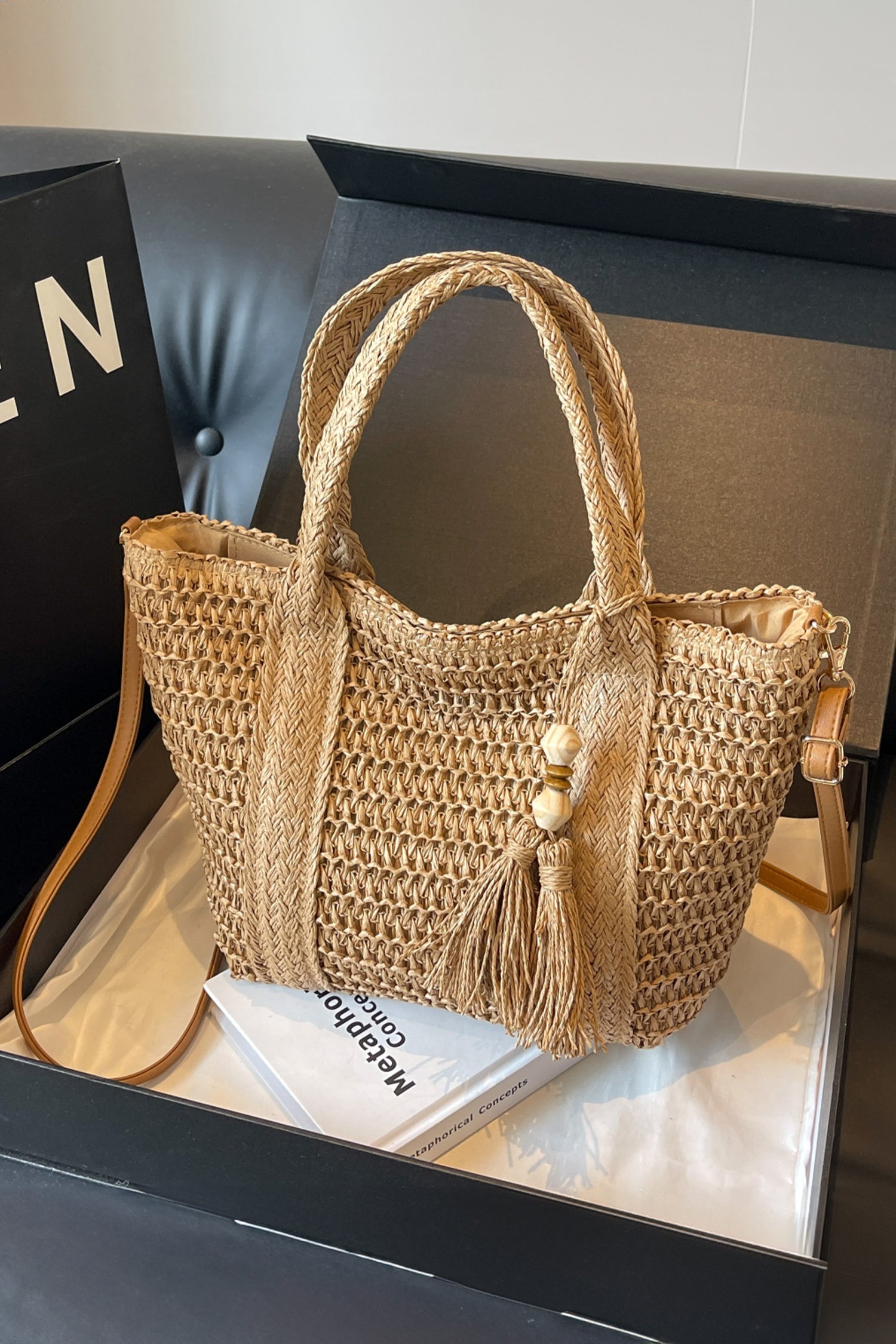 Light French Beige Rattan Woven Beach Vacation Shoulder Tote Bag