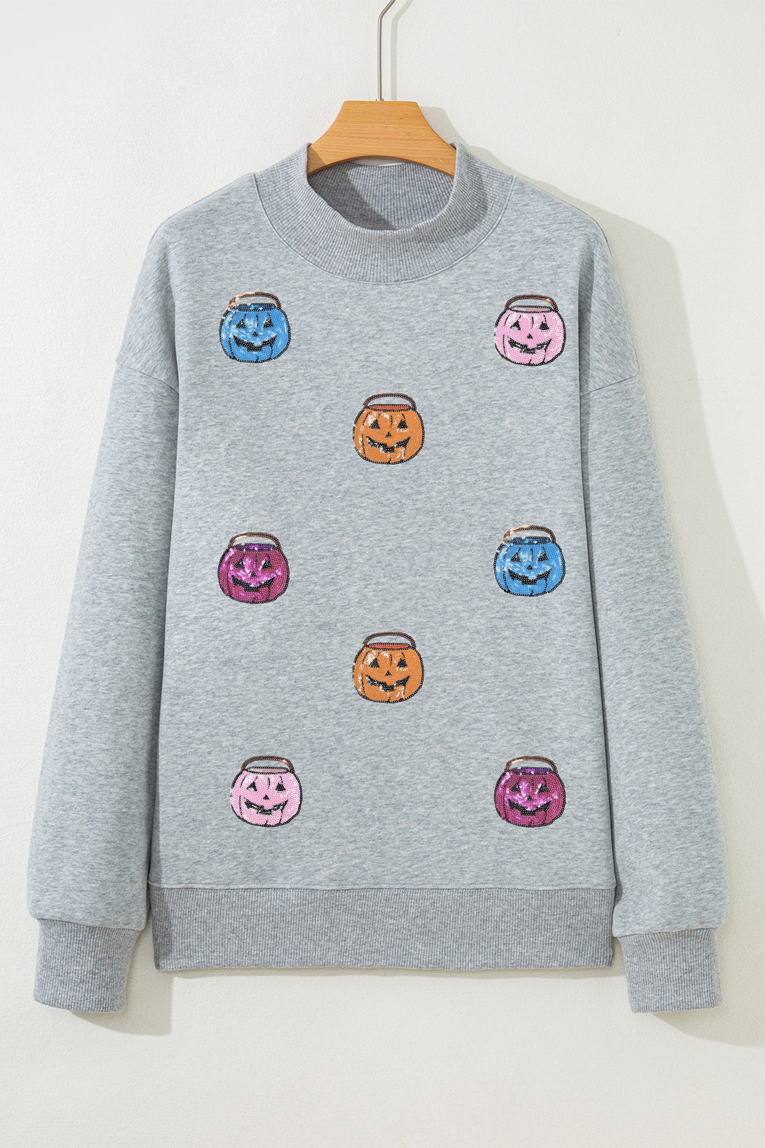 Gray Sequin Halloween Pumpkin Face Mock Neck Sweatshirt