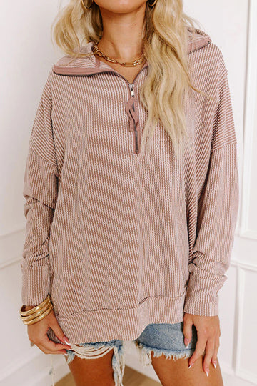 Oatmeal Twist Ribbed Zipper Collar Drop Shoulder Long Sleeve Top