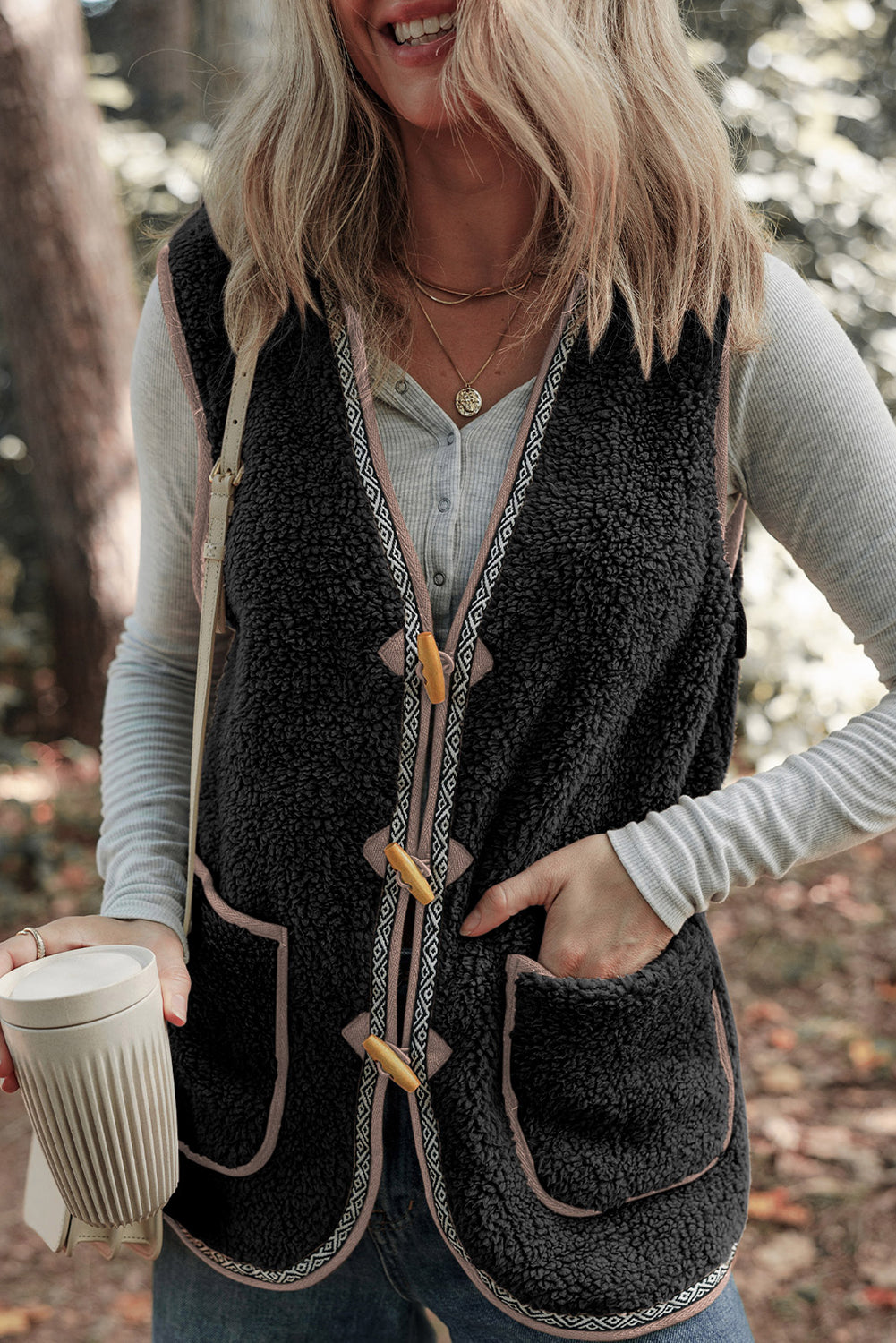 Dark Grey Sherpa Contrast Trim Patch Pocket Cartridge Toggle Button Vest