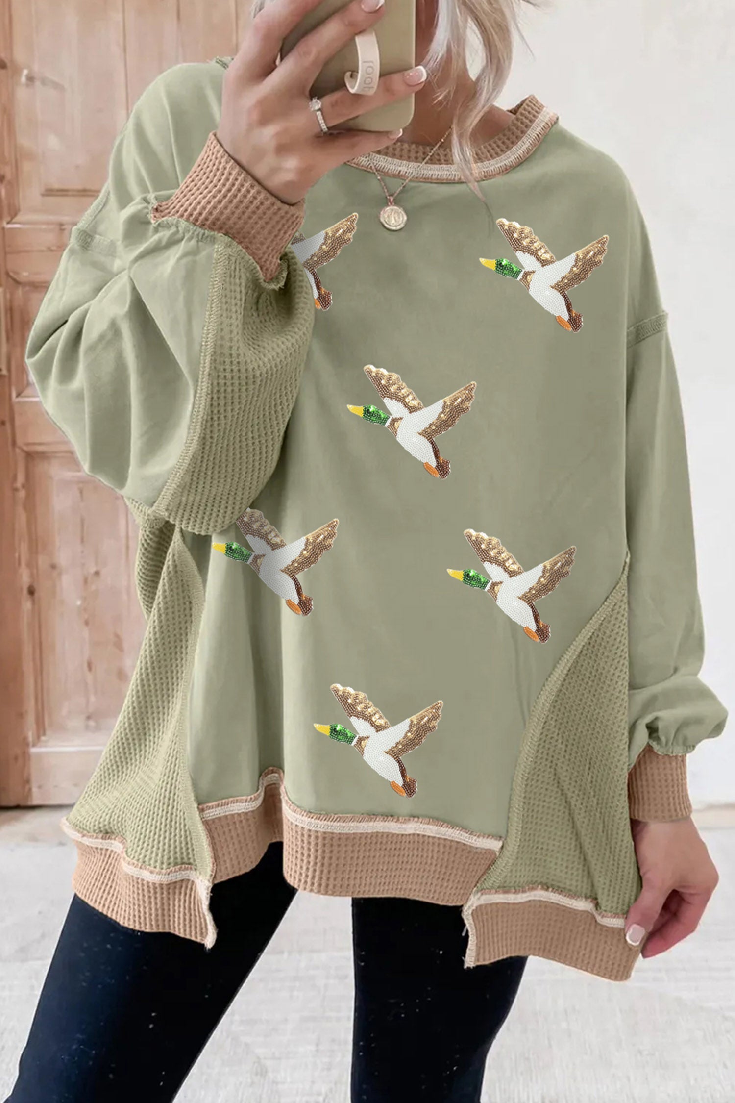 Smoke Green Sequined Mallard Duck Print Waffle Patchwork Graphic Sweatshirt