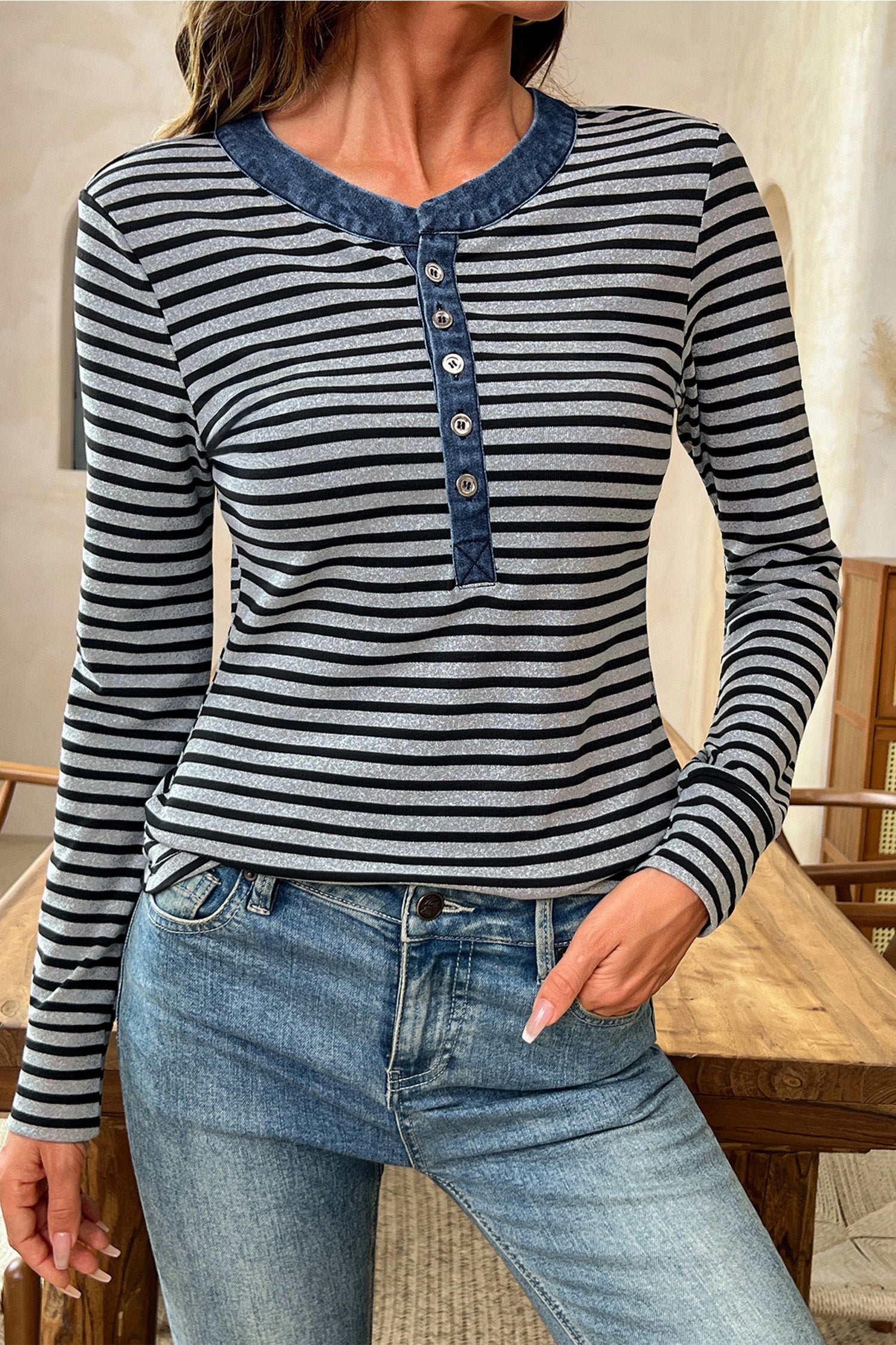 Gray Stripe Denim Contrast Collar Half Button Long Sleeve Top