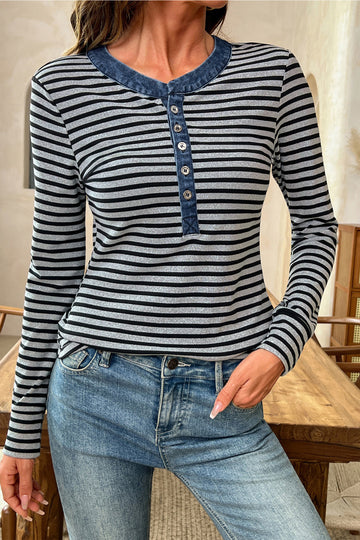 Gray Stripe Denim Contrast Collar Half Button Long Sleeve Top