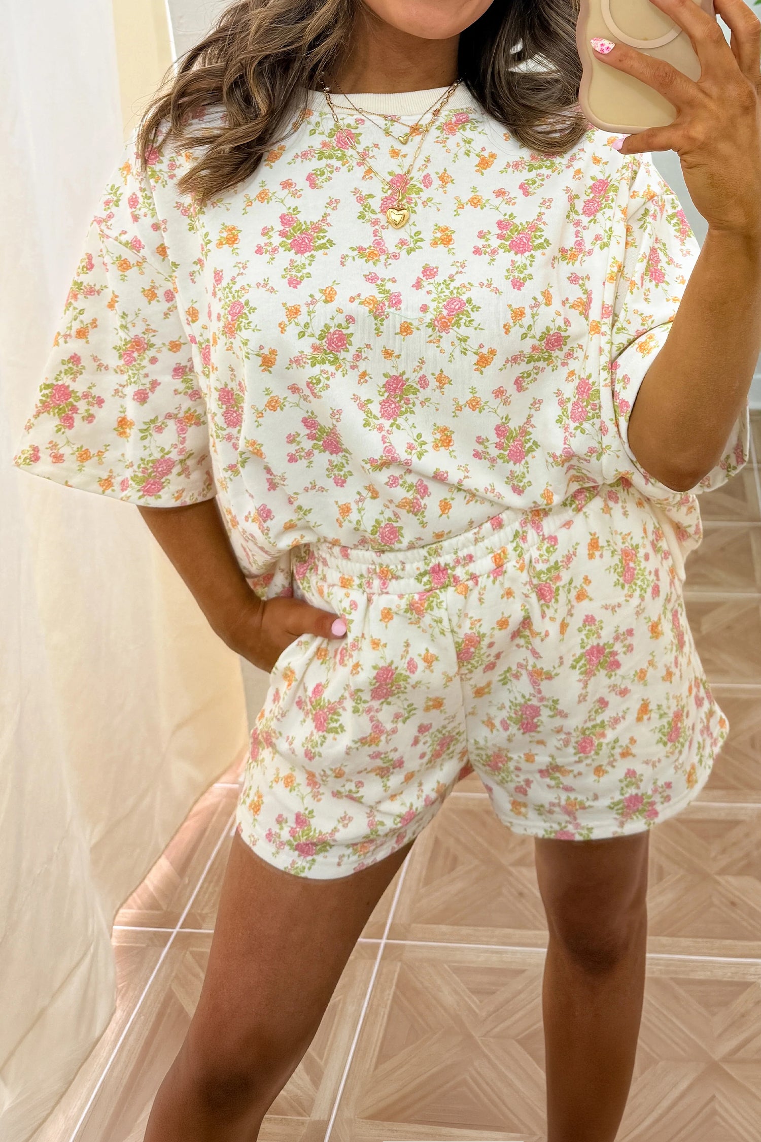 Pink Floral Print Short Sleeve Elastic Waist Pocket Casual Two Piece Short Sets