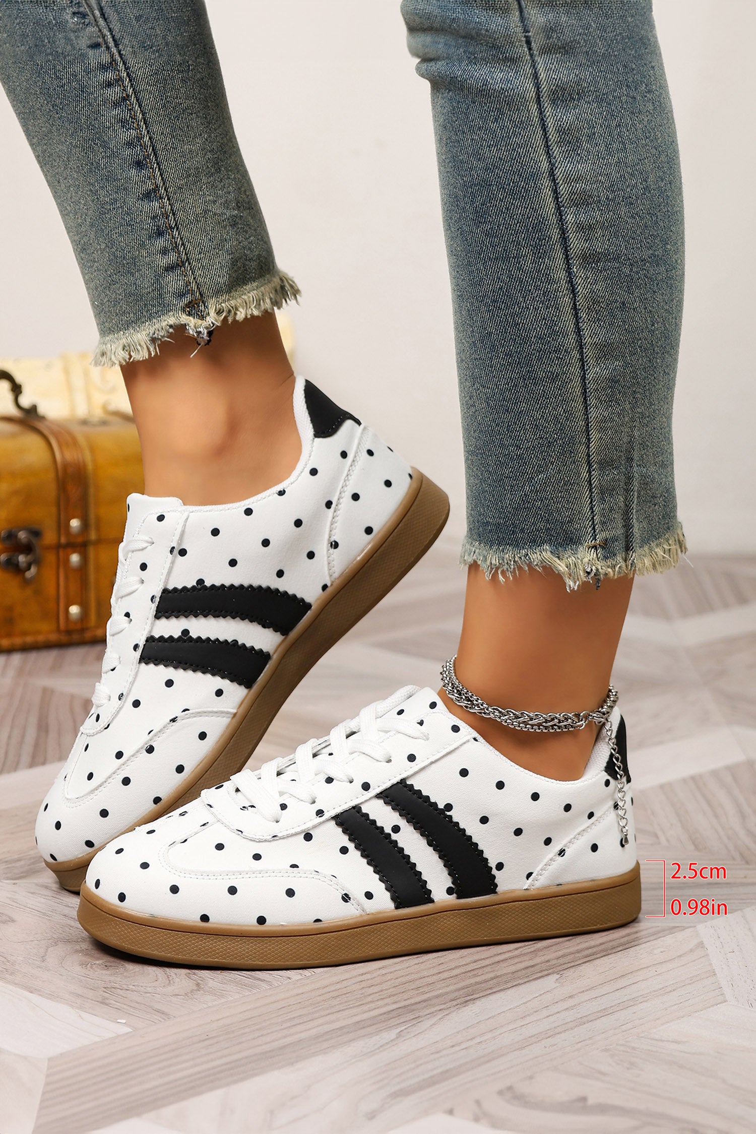 White Polka Dot Print PU Leather Color Block Detail Casual Sneakers