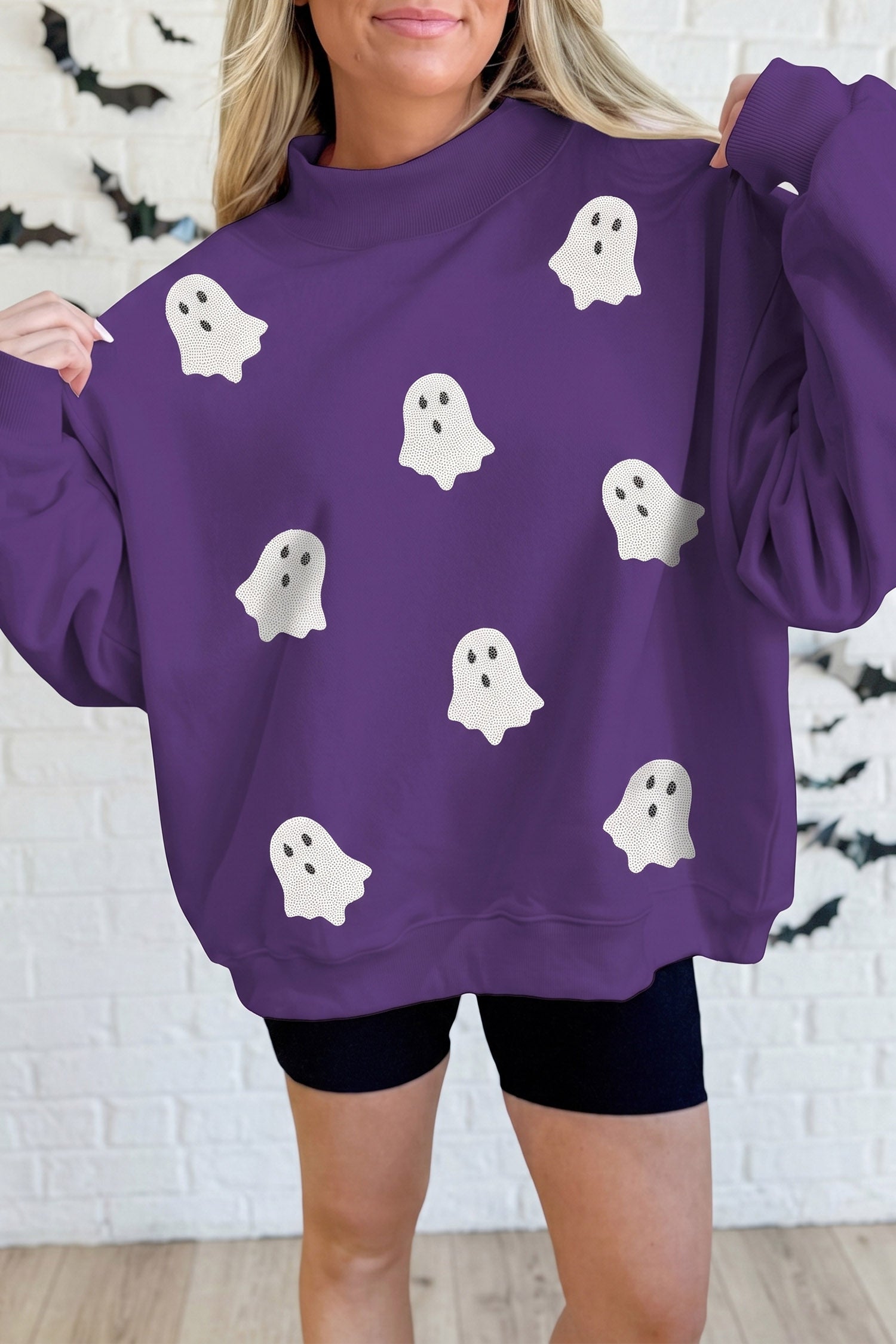 Tillandsia Purple Halloween Sequined Ghost Print Mock Neck Graphic Sweatshirt