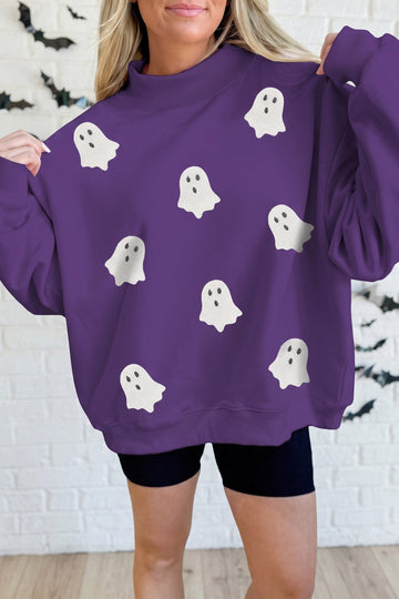 Tillandsia Purple Halloween Sequined Ghost Print Mock Neck Graphic Sweatshirt