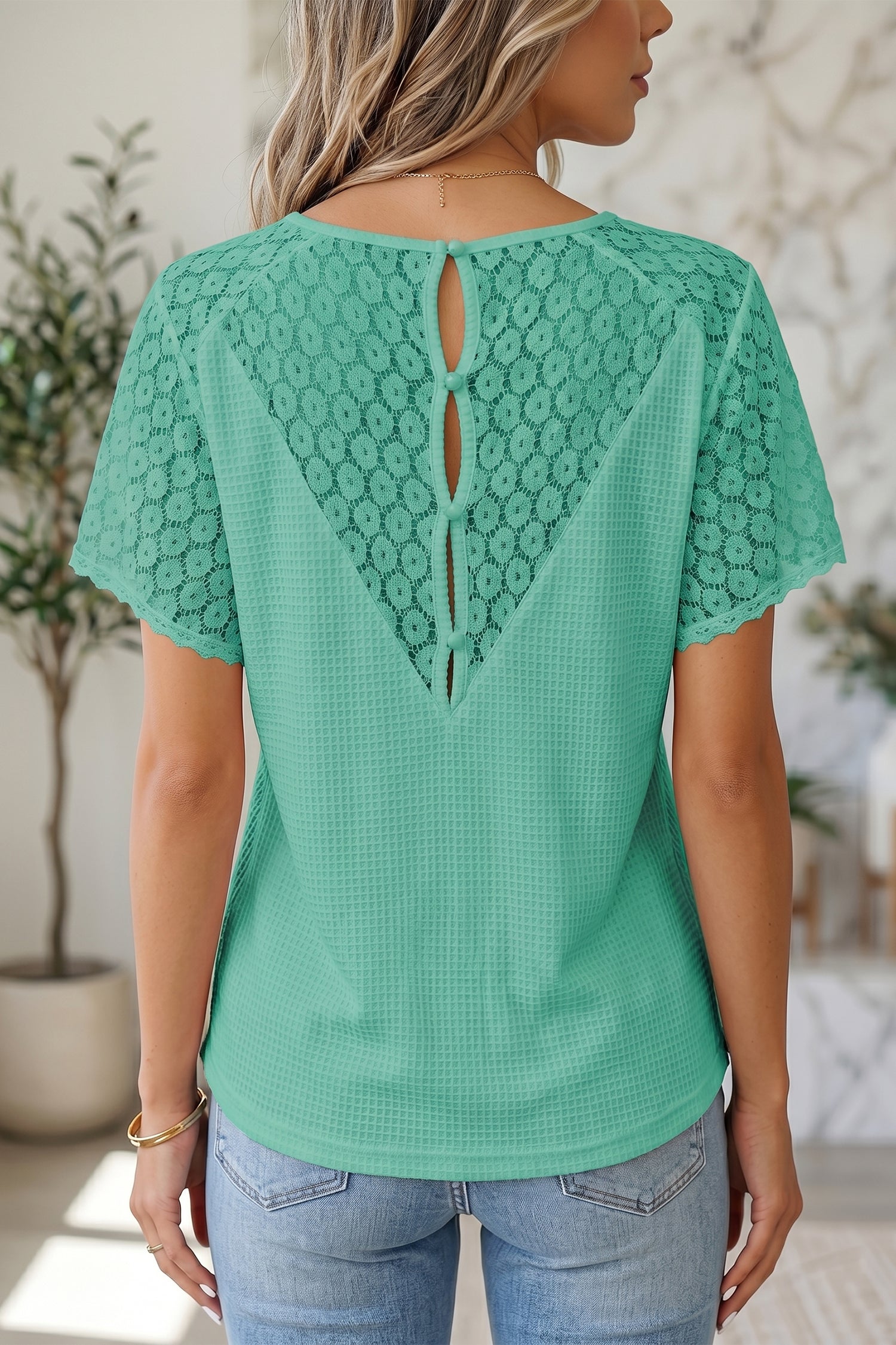 Mint Green Lace Splicing Button Cutout V Neck Waffle Knit Blouse