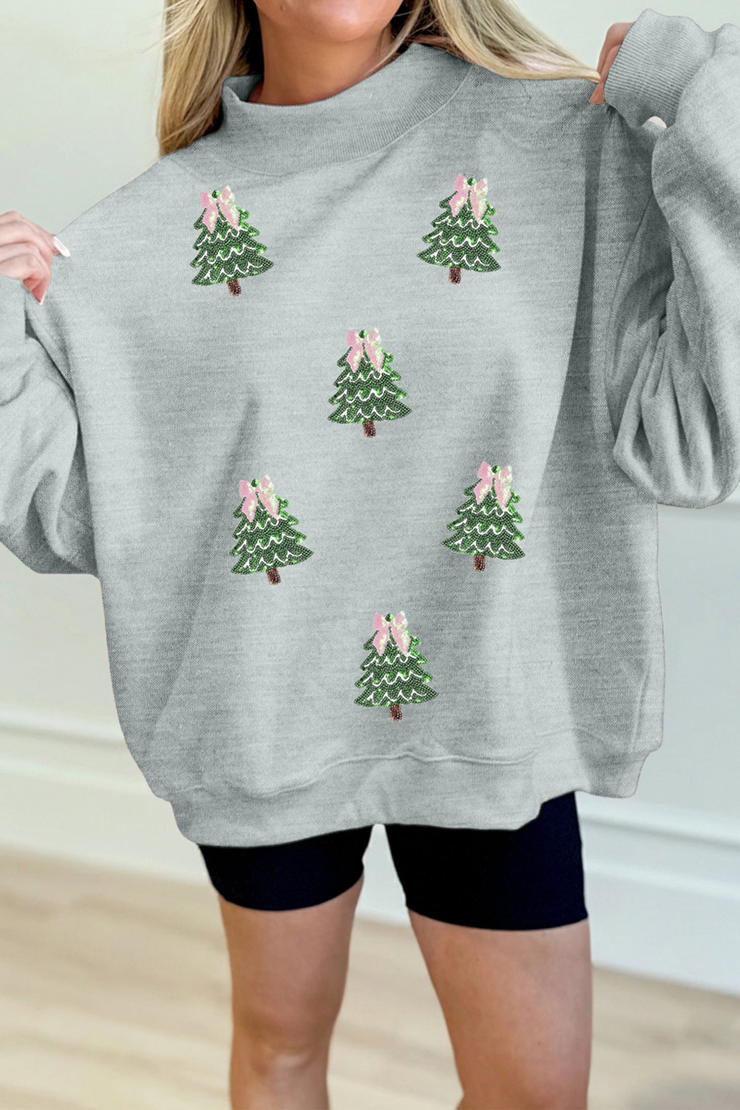 Gray Sequin Christmas Tree Graphic Mock Neck Baggy Pullover Sweatshirt