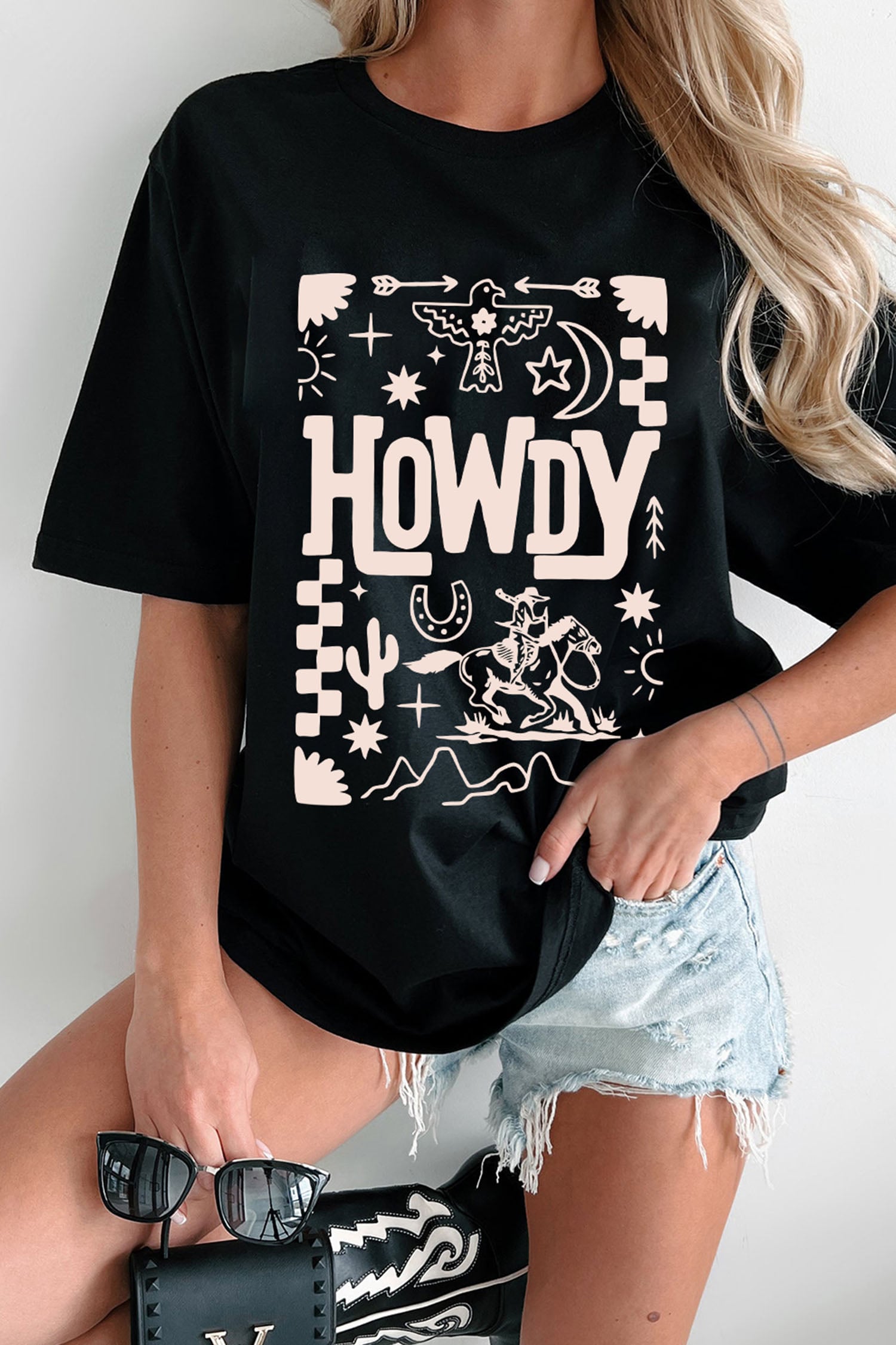 Black HOWDY Western Print Casual Round Neck T Shirt
